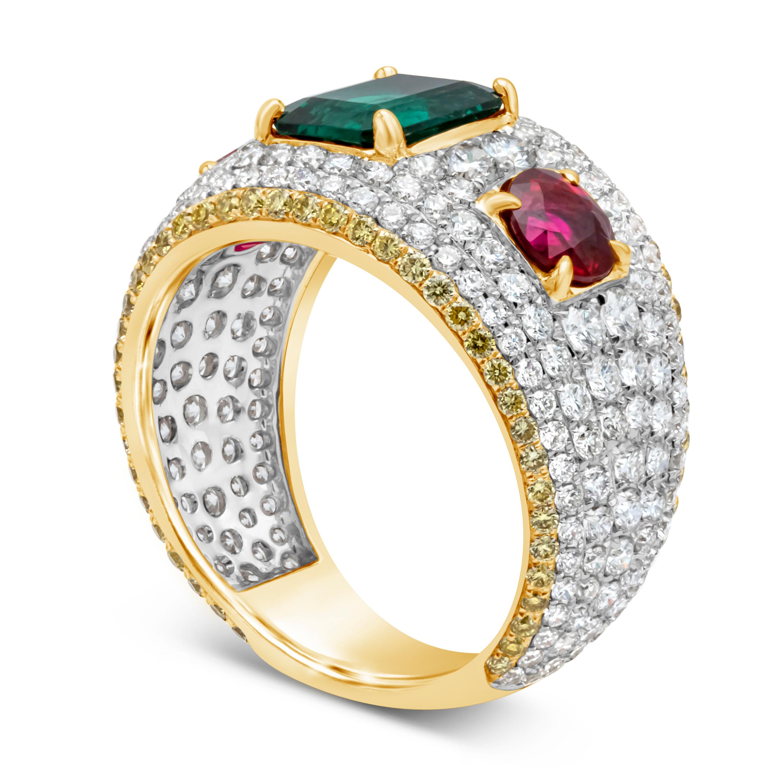 Mixed Cut GIA Certified 4.91 Carat Total Mixed-Cut Emerald, Ruby, & Diamond Fashion Ring For Sale