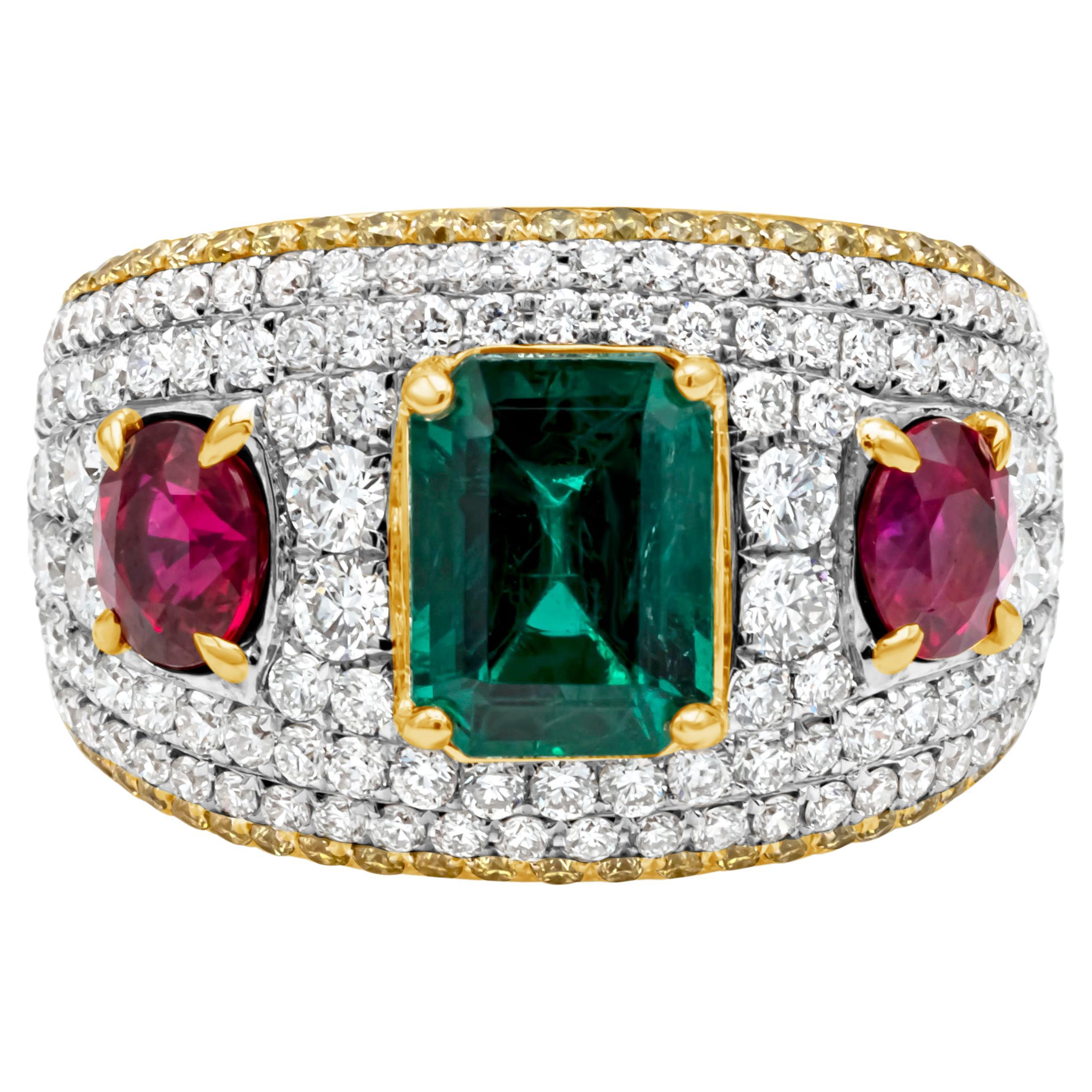 GIA Certified 4.91 Carats Total Mixed Cut Emerald, Ruby & Diamond Fashion Ring For Sale