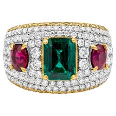 GIA Certified 4.91 Carats Total Mixed Cut Emerald, Ruby & Diamond Fashion Ring