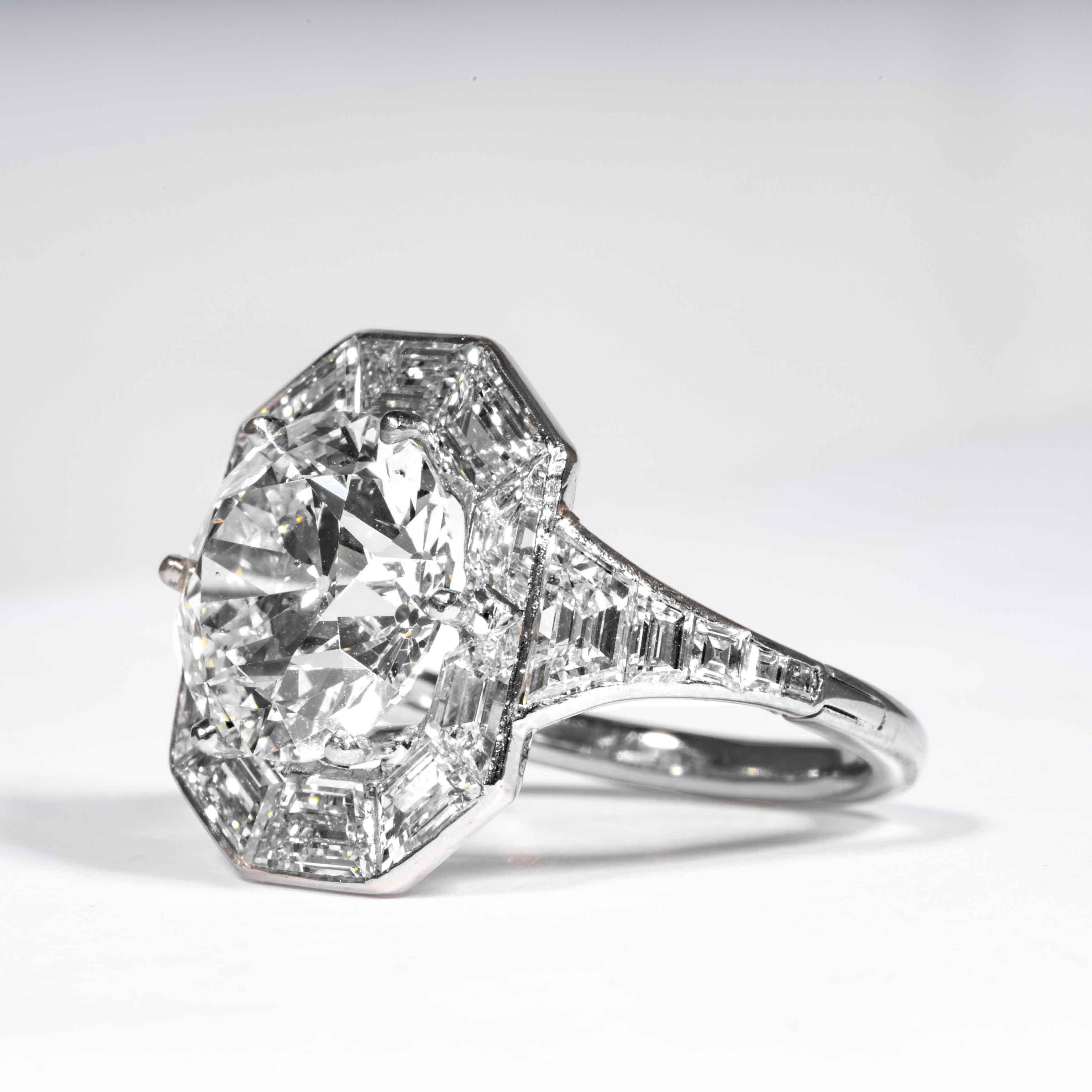Bague Art déco en diamant taille vieille Europe de 4,92 carats certifié GIA I SI2 Bon état - En vente à Boston, MA