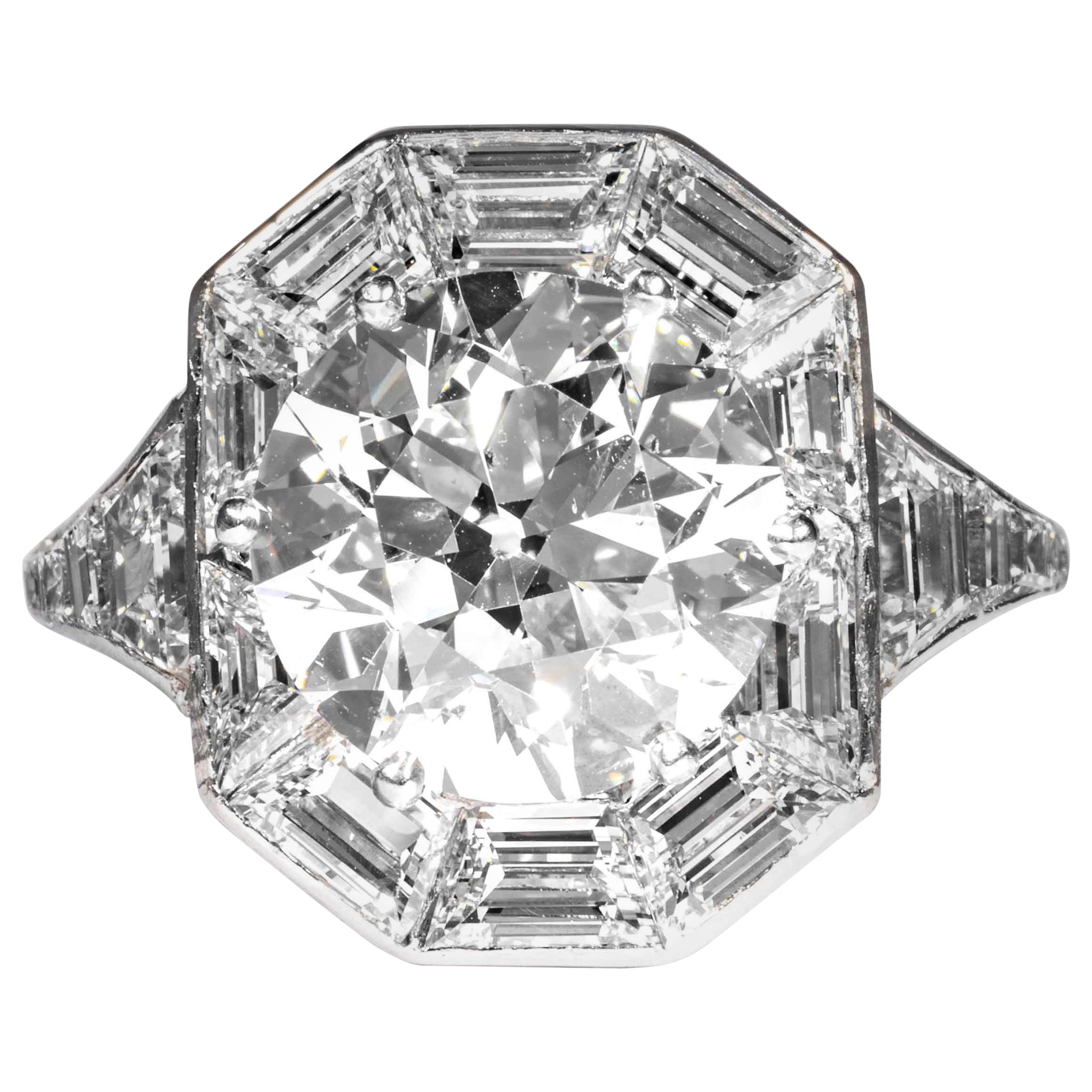 GIA Certified 4.92 Carat I SI2 Old European Cut Art Deco Diamond Ring For Sale