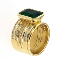 GIA Certified 4.96 Carat Green Emerald Bezel Set in 18K Yellow Gold Diamond Ring