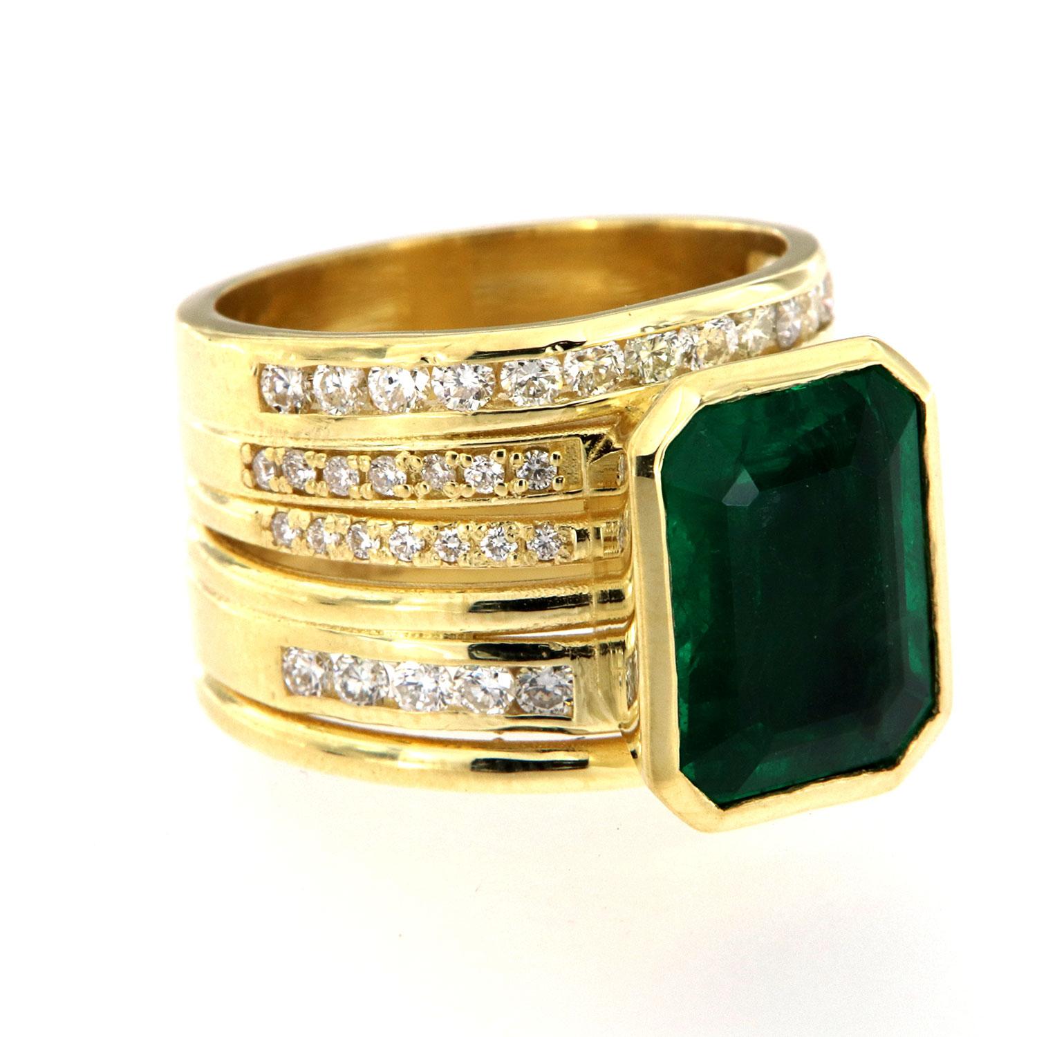 Emerald Cut GIA Certified 4.96 Carat Green Emerald Bezel Set in 18K Yellow Gold Diamond Ring For Sale