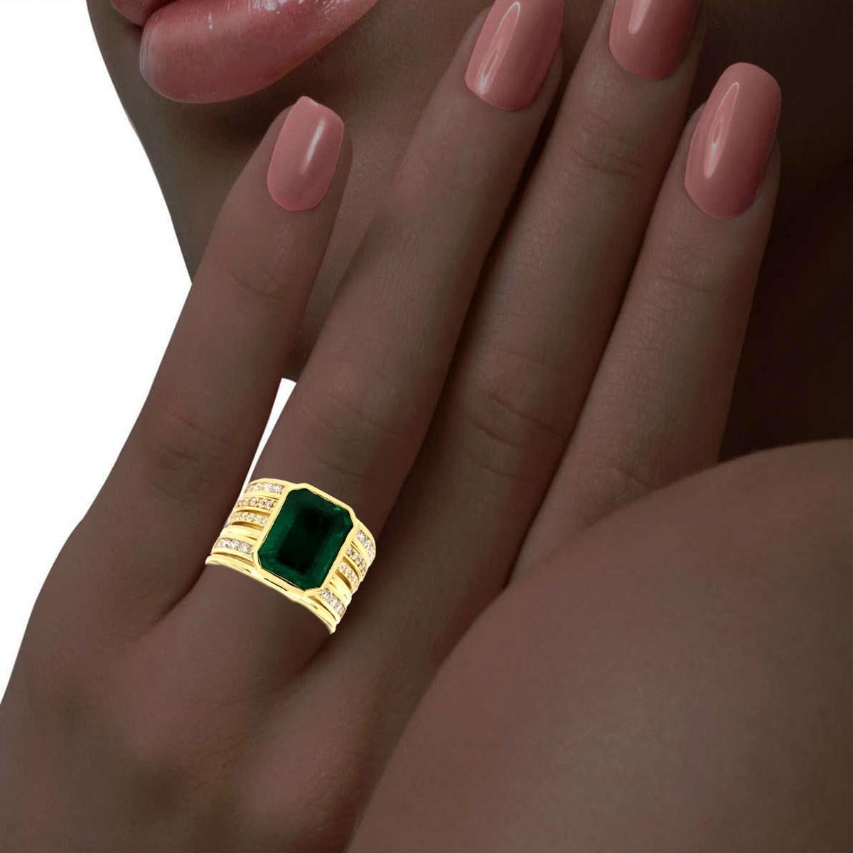 Women's GIA Certified 4.96 Carat Green Emerald Bezel Set in 18K Yellow Gold Diamond Ring For Sale