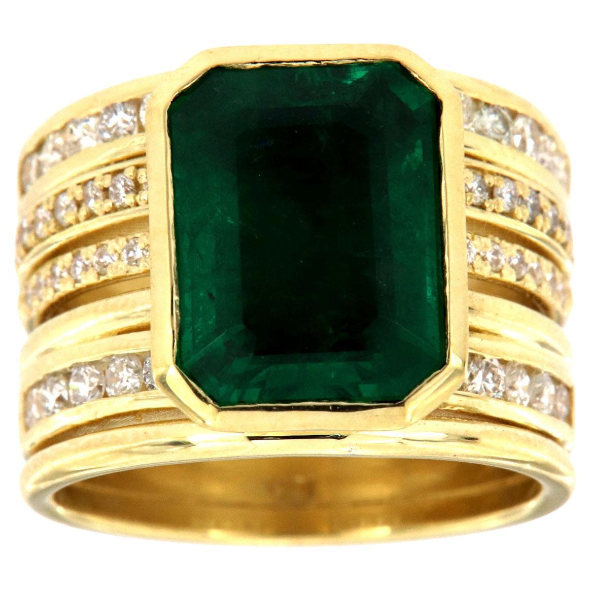 GIA Certified 4.96 Carat Green Emerald Bezel Set in 18K Yellow Gold Diamond Ring