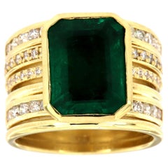 GIA Certified 4.96 Carat Green Emerald Bezel Set in 18K Yellow Gold Diamond Ring
