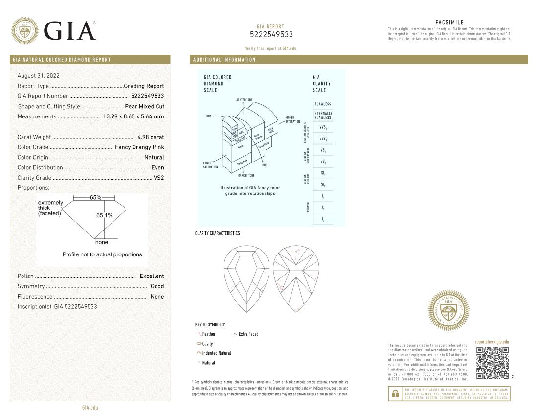 Bague en diamant certifié GIA de 4.98 carat de couleur rose orangé fantaisie Neuf - En vente à Rome, IT