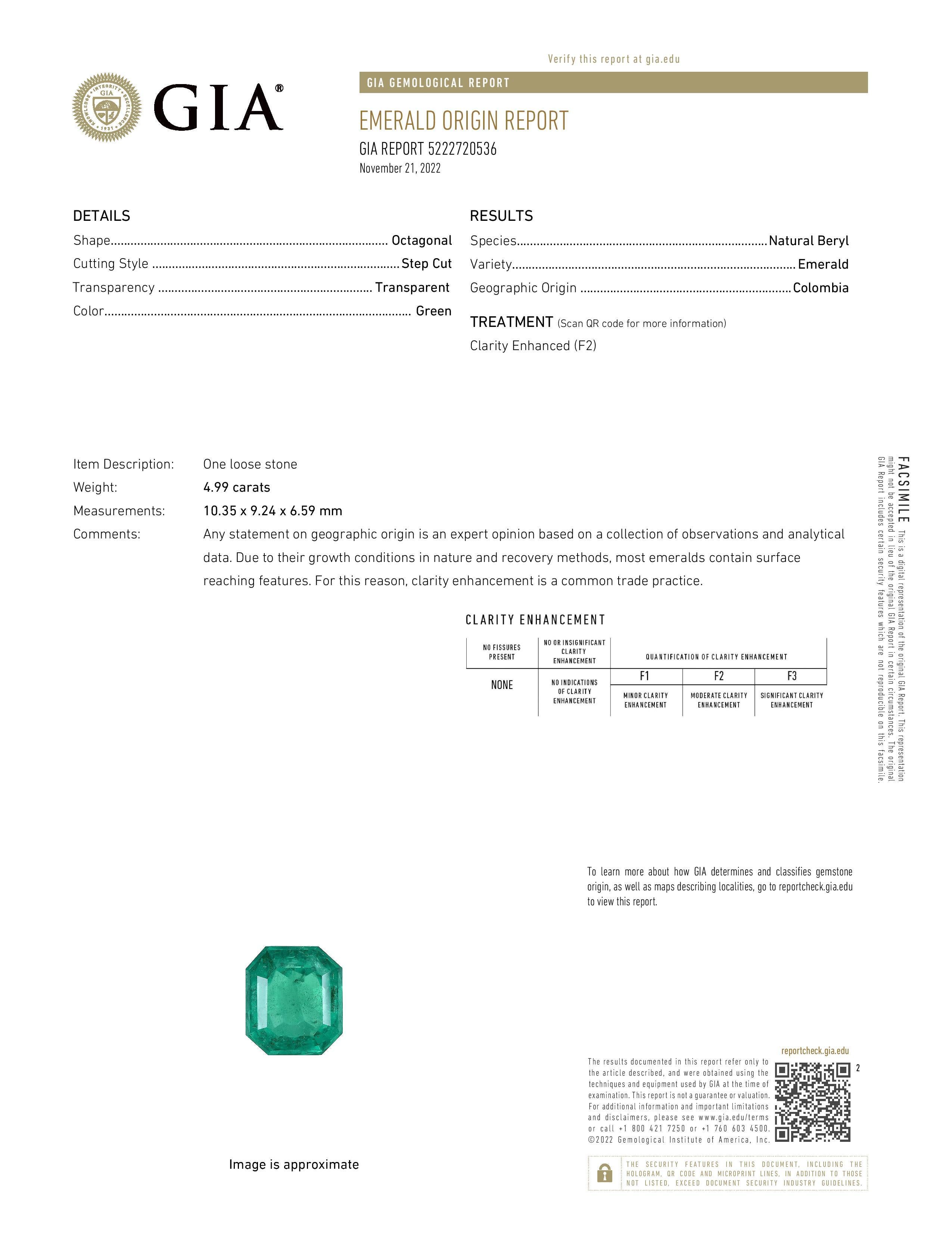 Emerald Cut Auction - GIA Certified 4.99 Carat Colombian Emerald and 2.01 Carat Diamond Ring For Sale