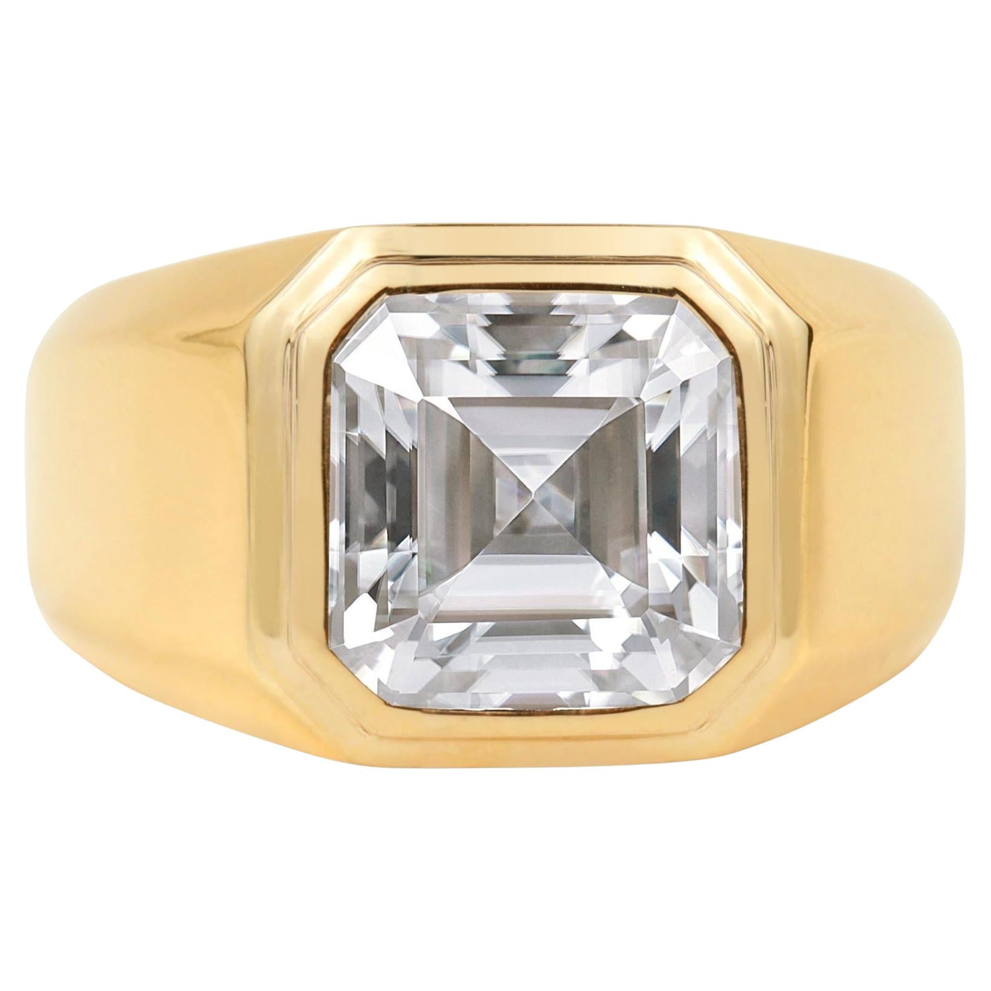 Bague chevalière pour homme en or jaune 18 carats, certifiée GIA, avec diamant asscher de 4 carats