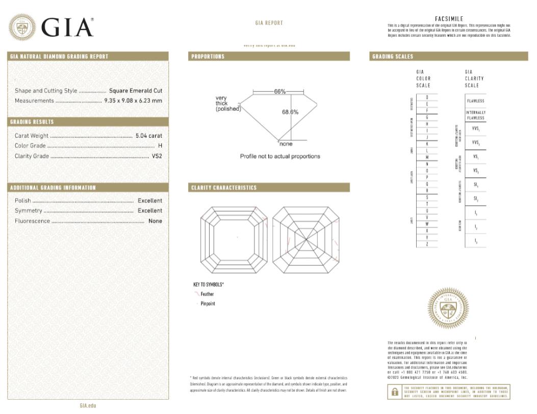 Bague à diamant Asscher de 5 carats certifiée par le GIA Unisexe en vente