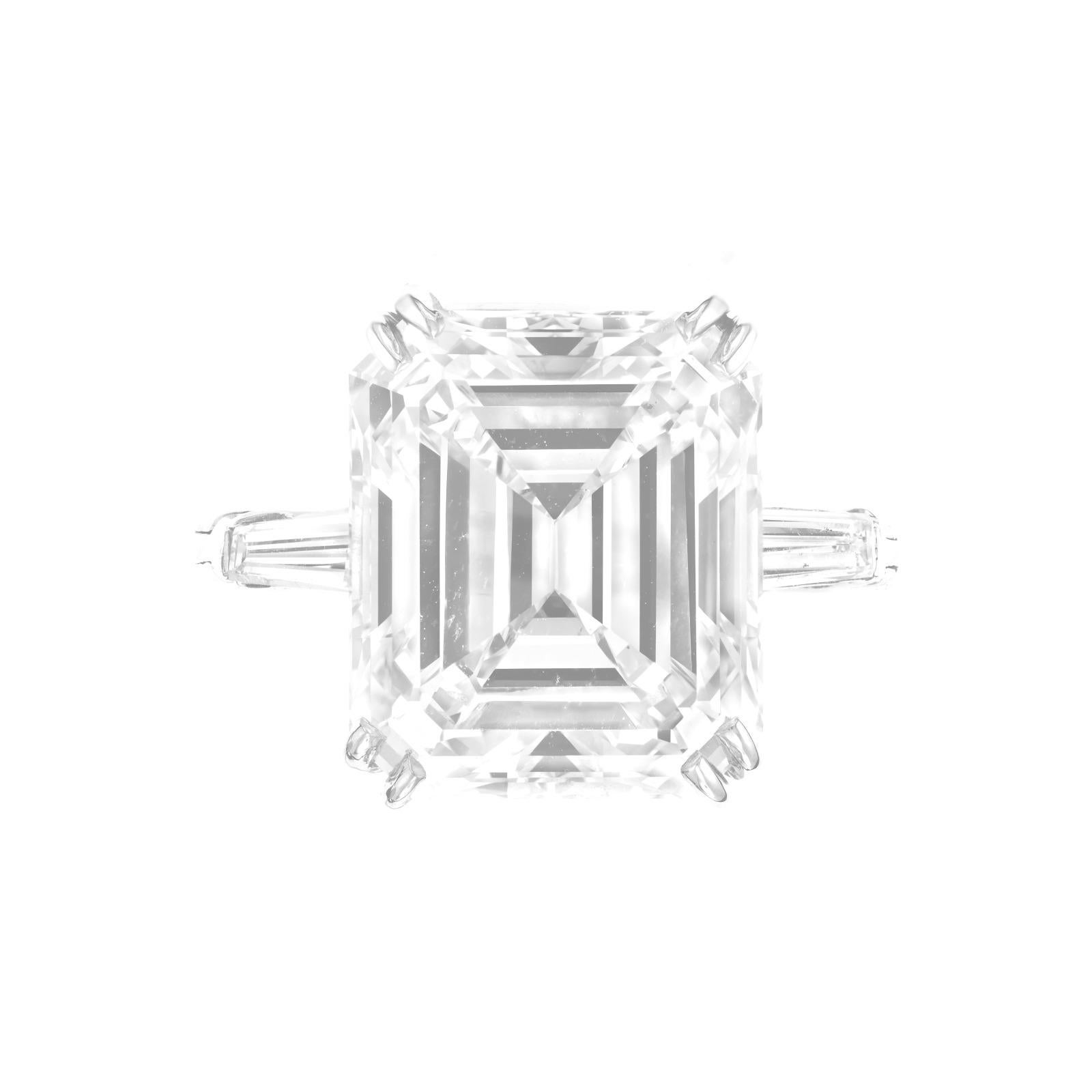 Contemporary GIA Certified 5.40 Carat Emerald Cut Diamond Ring with tapered baguette For Sale