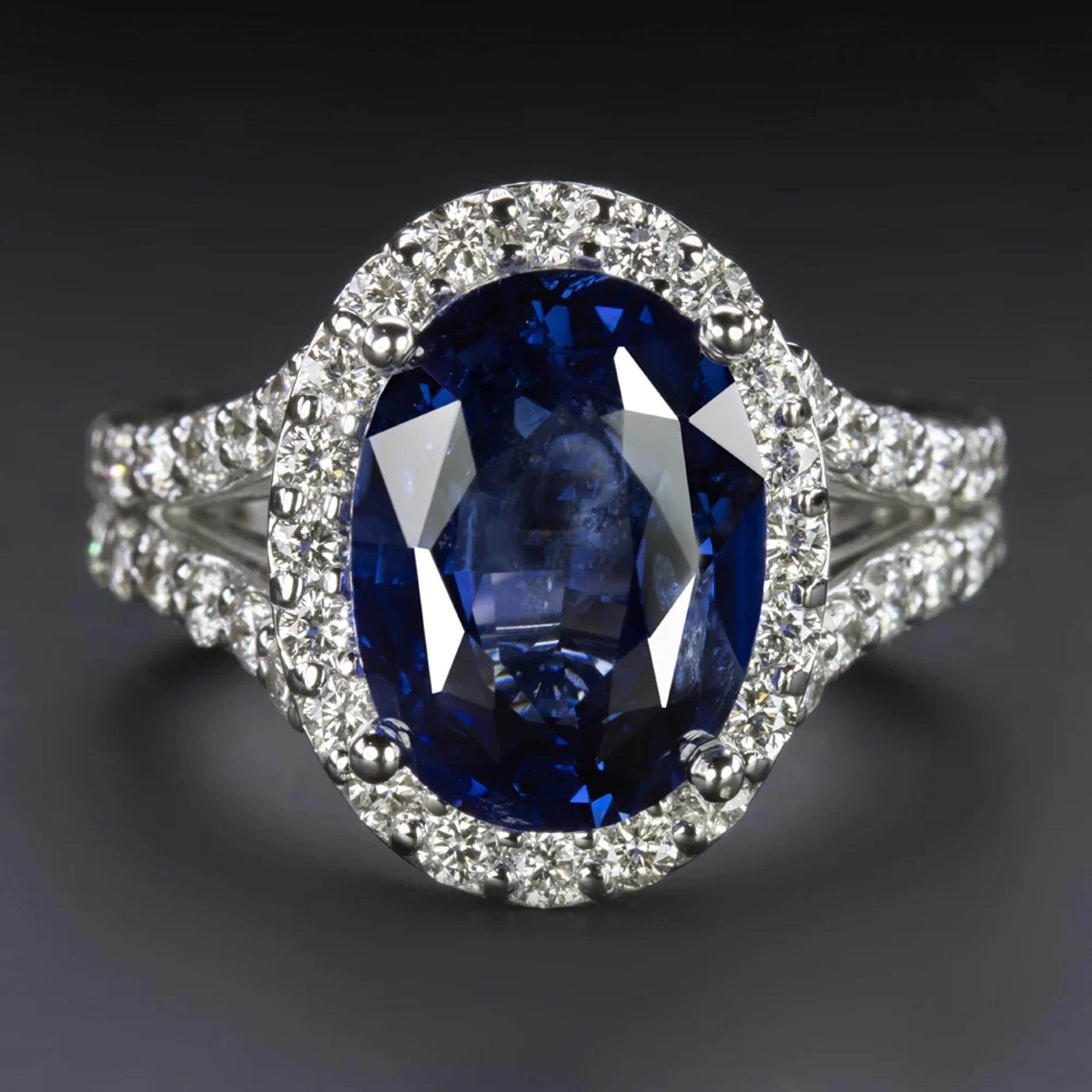 Contemporary GIA Certified 5.45 Carat Blue Sapphire Diamond Ring For Sale