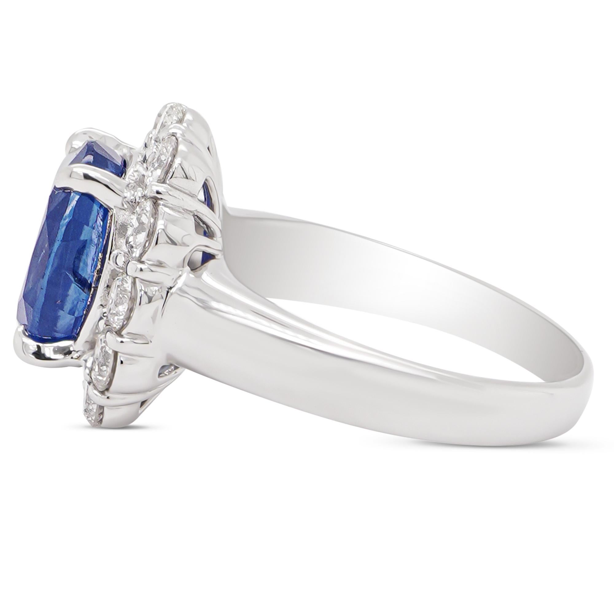 Oval Cut GIA Certified 5 Carat Burma No Heat Sapphire And Diamond PT900 Ring For Sale