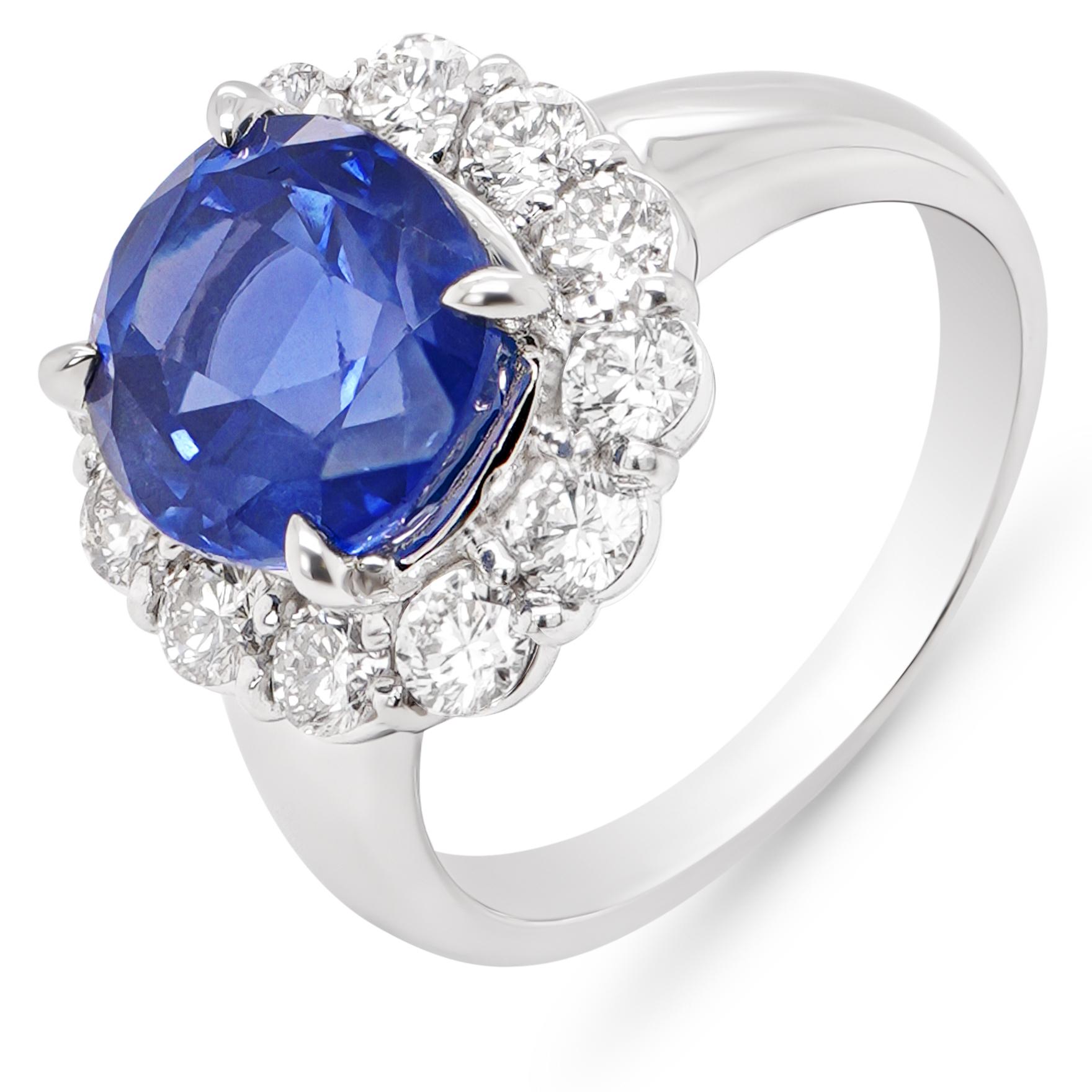 Oval Cut GIA Certified 5 Carat Burma No Heat Sapphire And Diamond PT900 Ring For Sale