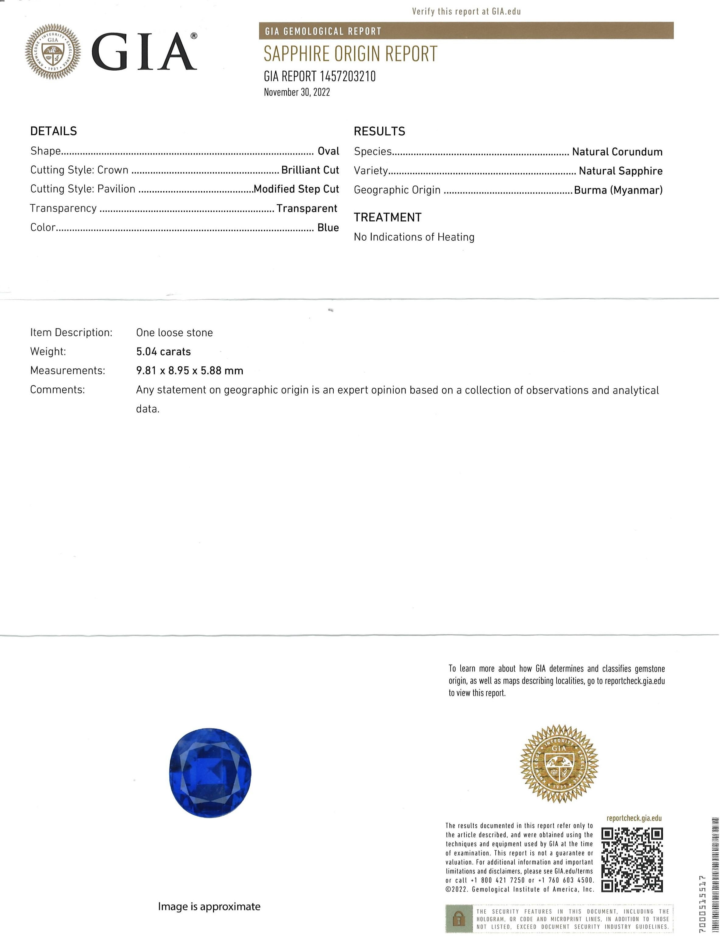 Bague PT900 en saphir de Birmanie de 5 carats non chauffé et diamant certifié GIA en vente 1