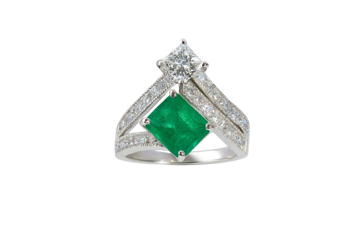 GIA zertifizierte 5 Karat Diamant und Smaragd 18K Gold Toi et Moi Ring im Angebot 1