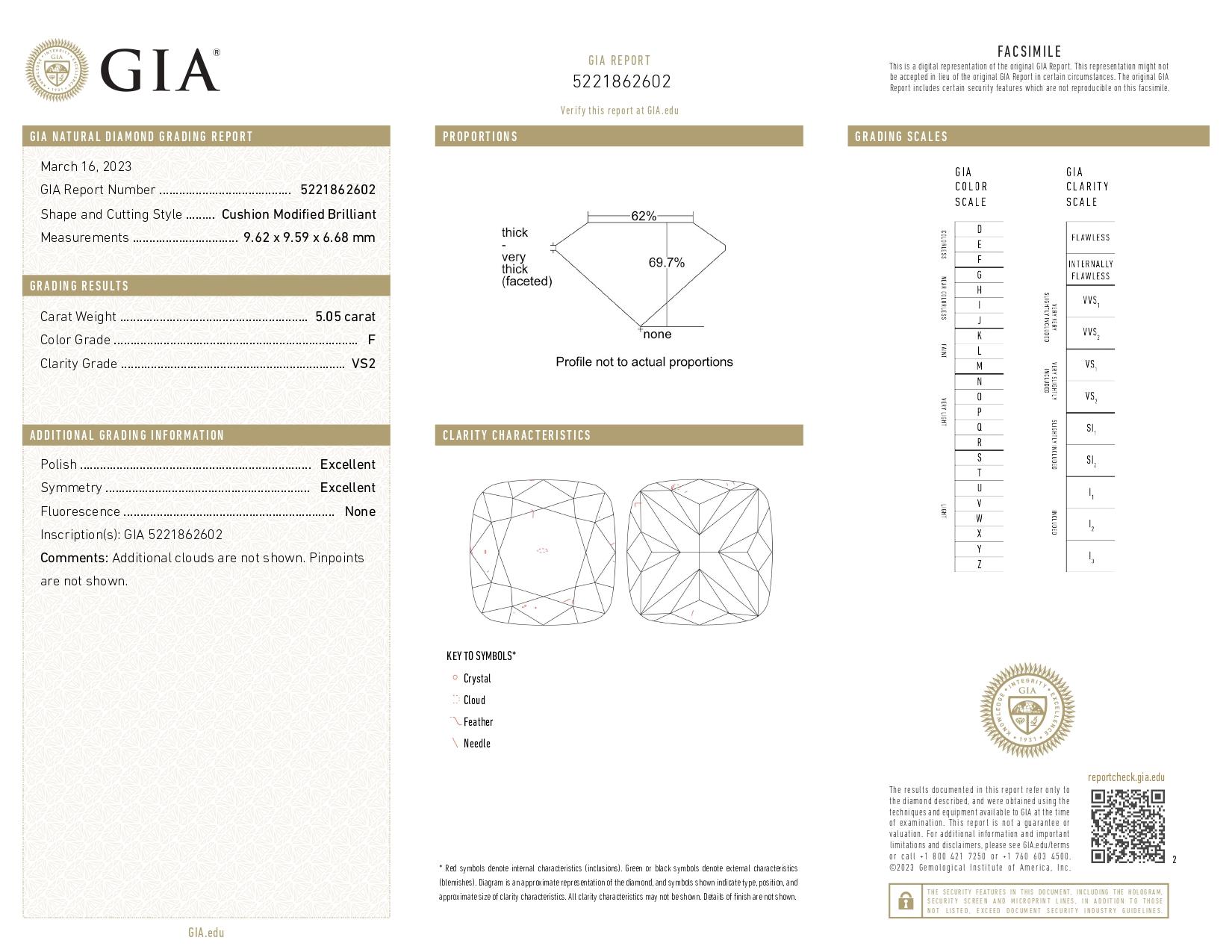 Taille coussin Bague en platine certifiée GIA avec diamant taille coussin de 5.05 carats en vente