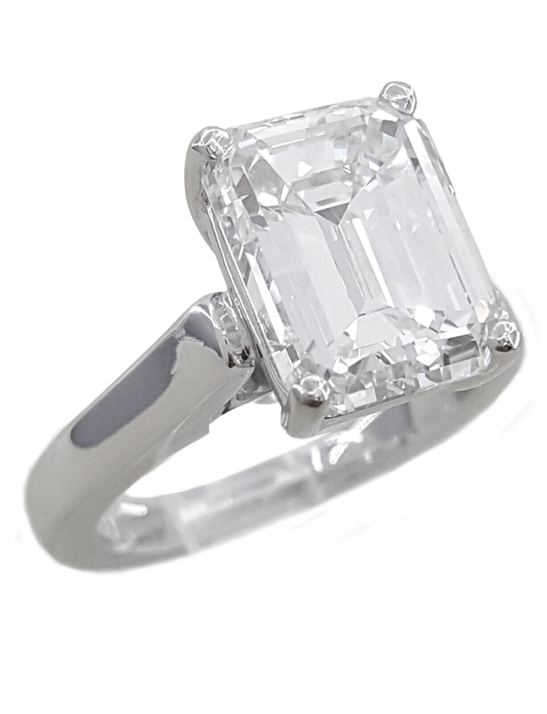GIA Certified 5.08 Carat Emerald Cut Diamond E Color IF Clarity Platinum Ring In New Condition For Sale In Chicago, IL