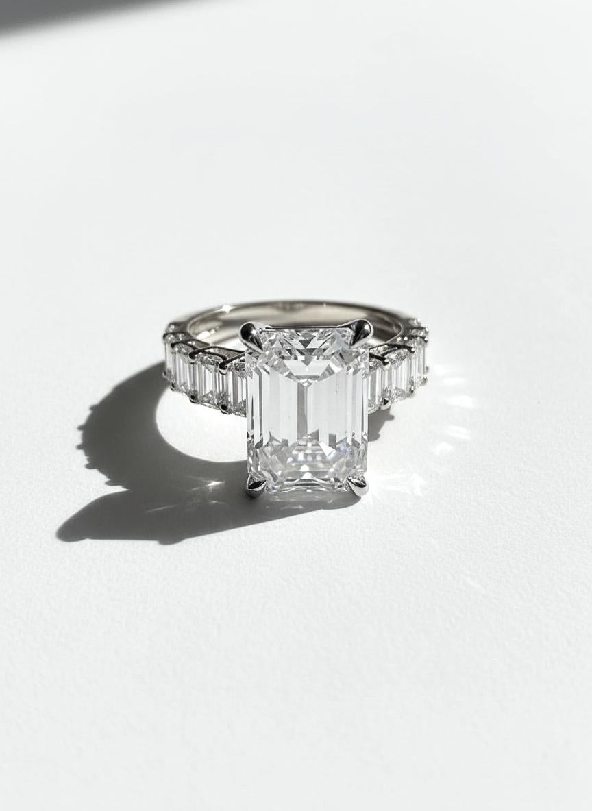 D'une élégance intemporelle, cette bague exceptionnelle est ornée d'un superbe diamant taille émeraude certifié GIA pesant 5 carats. Le diamant présente des facettes nettes taillées en escalier qui créent des reflets hypnotiques en forme de hall de
