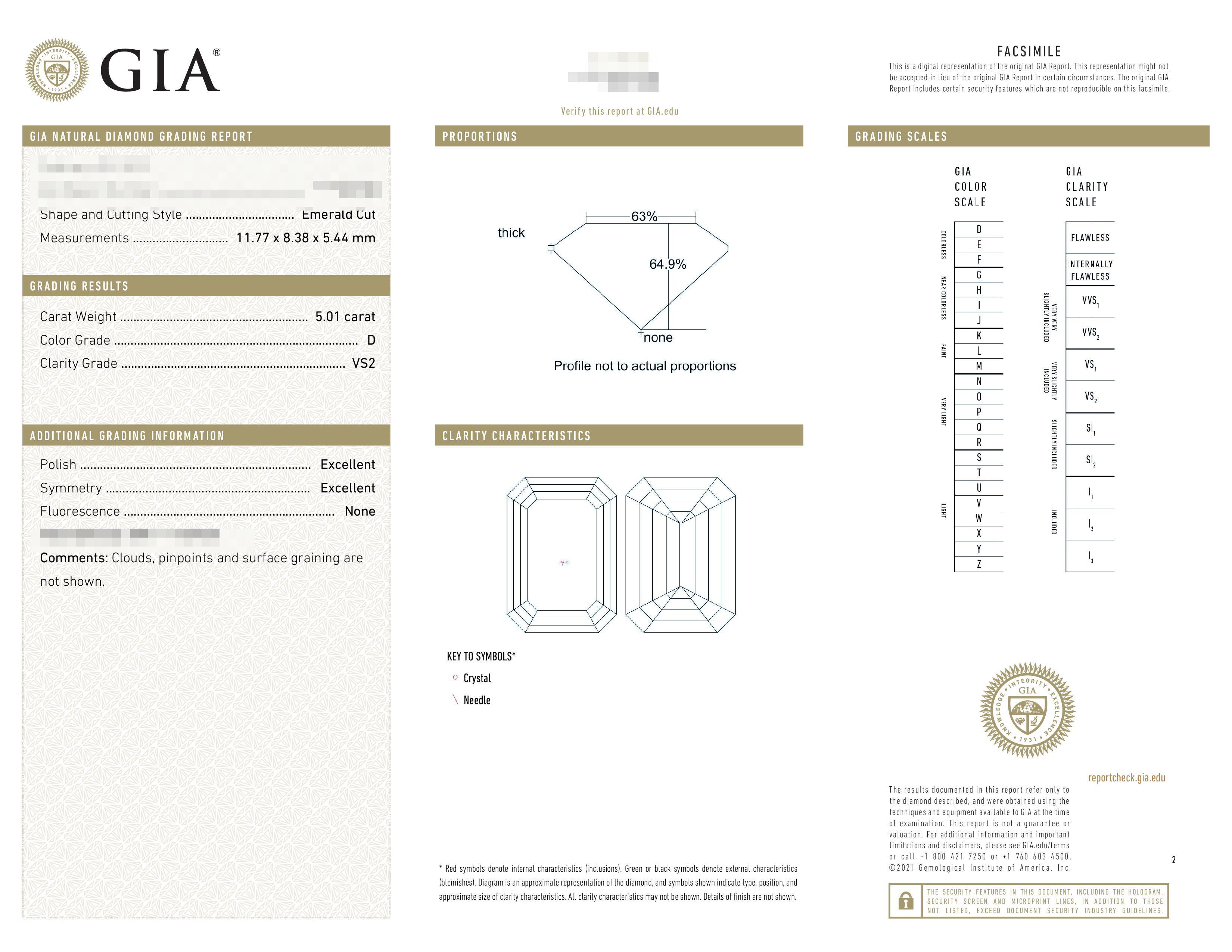 GIA zertifizierter 5 Karat Smaragdschliff Diamant Platin Ring VS2 Reinheit D Farbe im Zustand „Neu“ in Chicago, IL