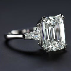 GIA Certified 5 Carat Emerald Cut Diamond Platinum Ring with Tapered Baguette