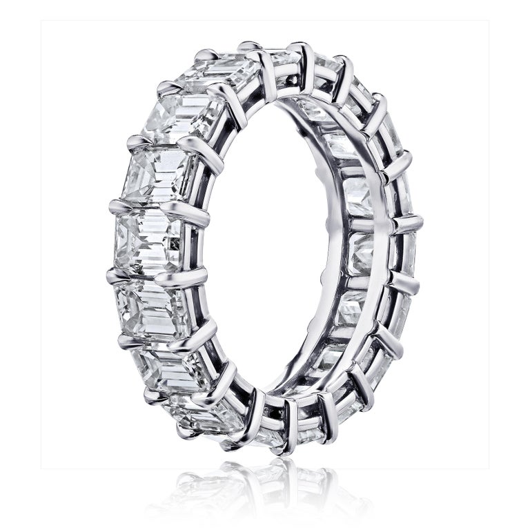 GIA Certified 5 Carat Emerald Cut Diamond Ring Platinum Eternity Band In New Condition For Sale In New York, NY