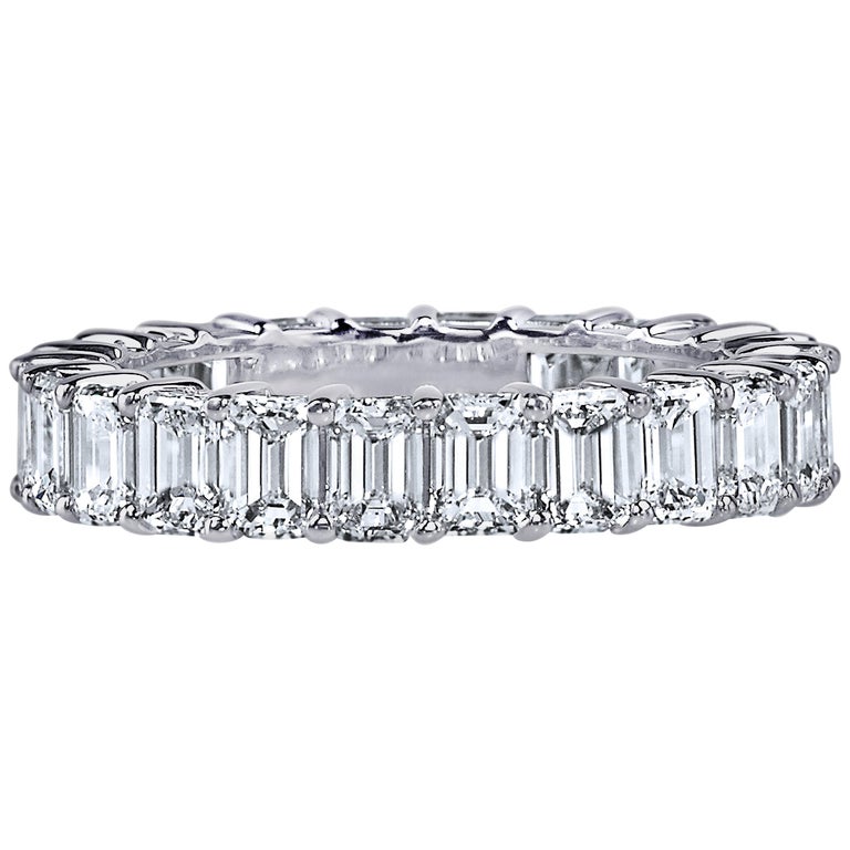 GIA Certified 5 Carat Emerald Cut Diamond Ring Platinum Eternity Band For Sale