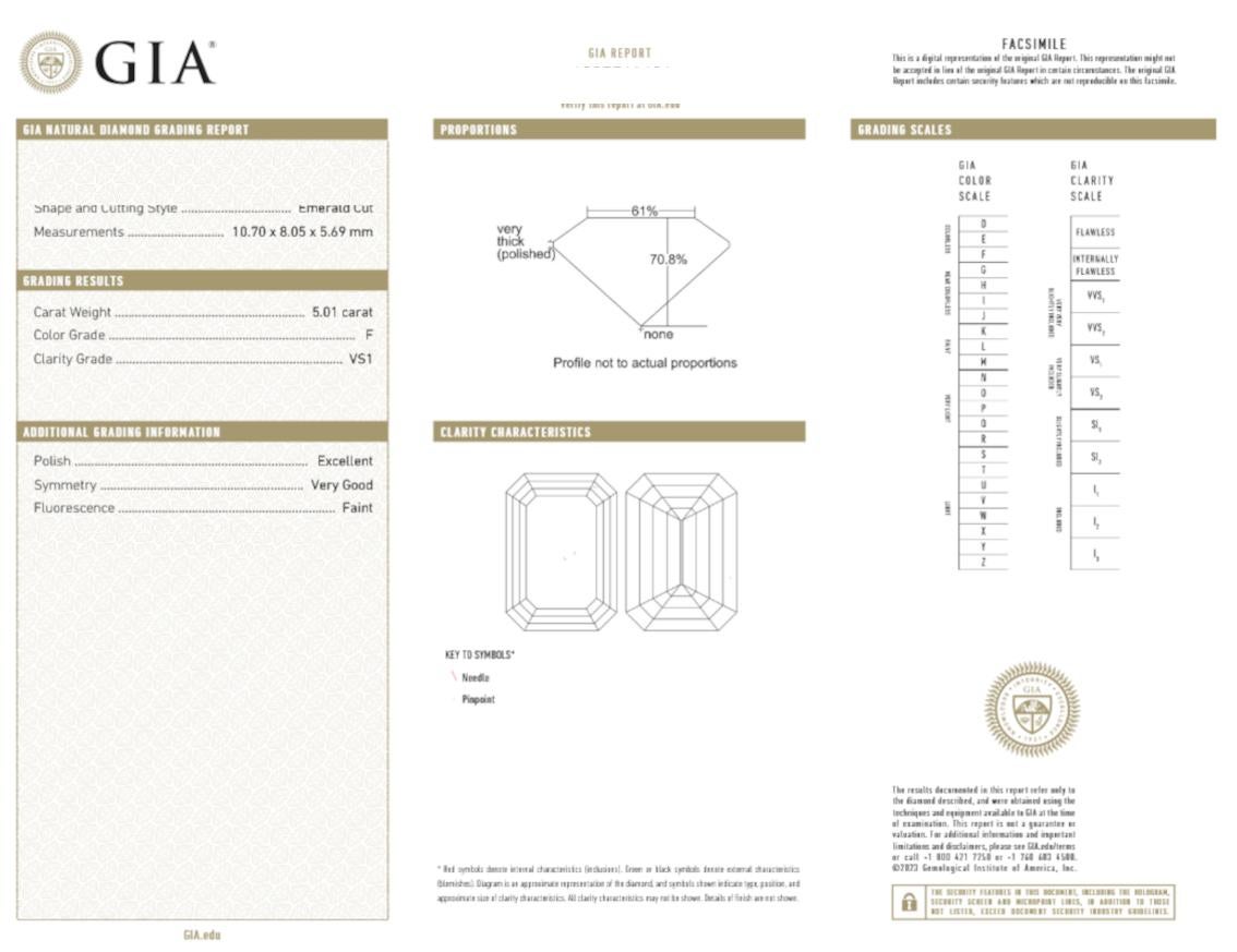 Bague en platine à trois pierres avec diamant taille émeraude de 5 carats certifié par le GIA Neuf - En vente à Chicago, IL