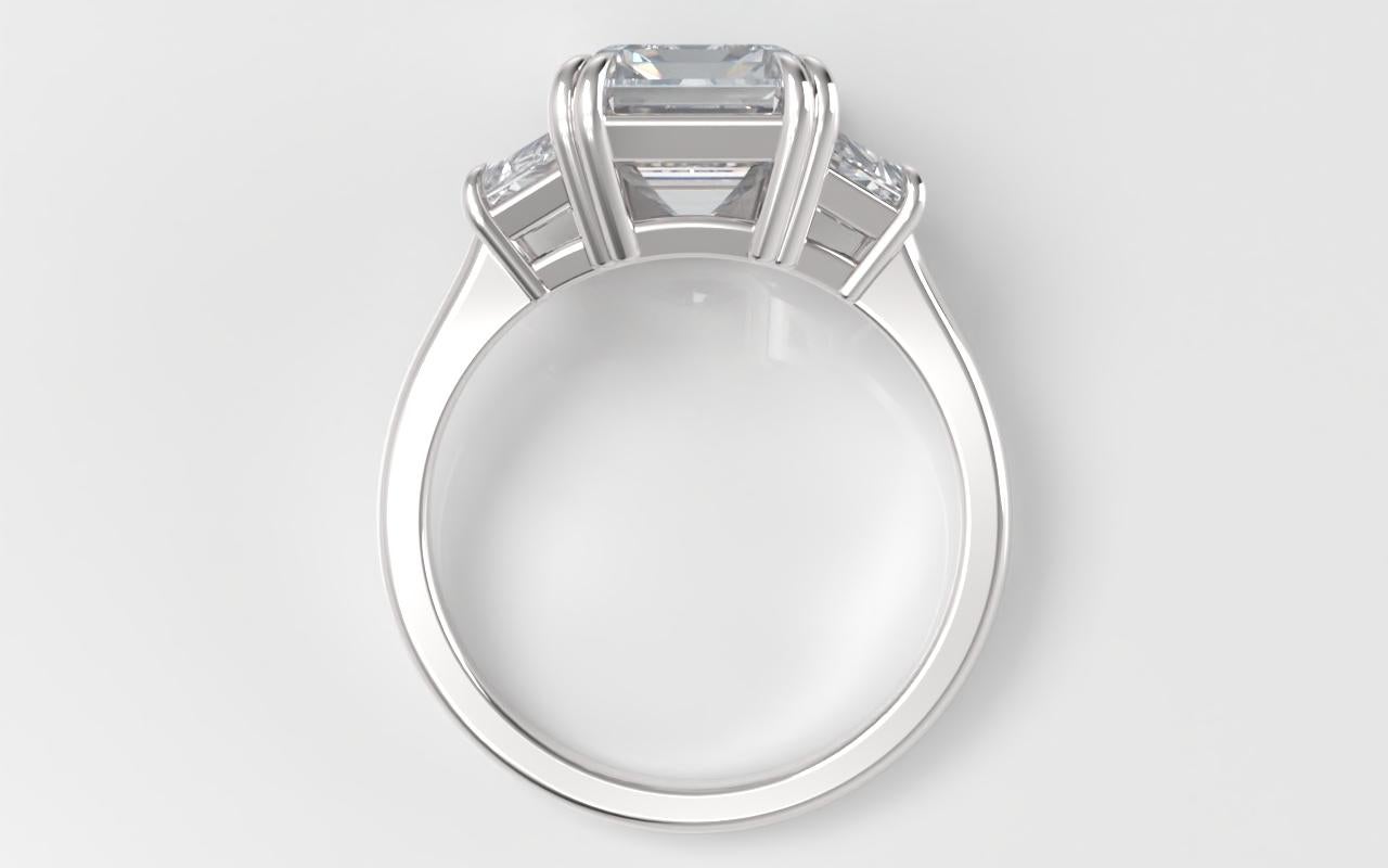 Moderne GIA Certified 5 Carat Emerald Cut Three Stone Diamond Ring (bague à trois pierres, taille émeraude) en vente