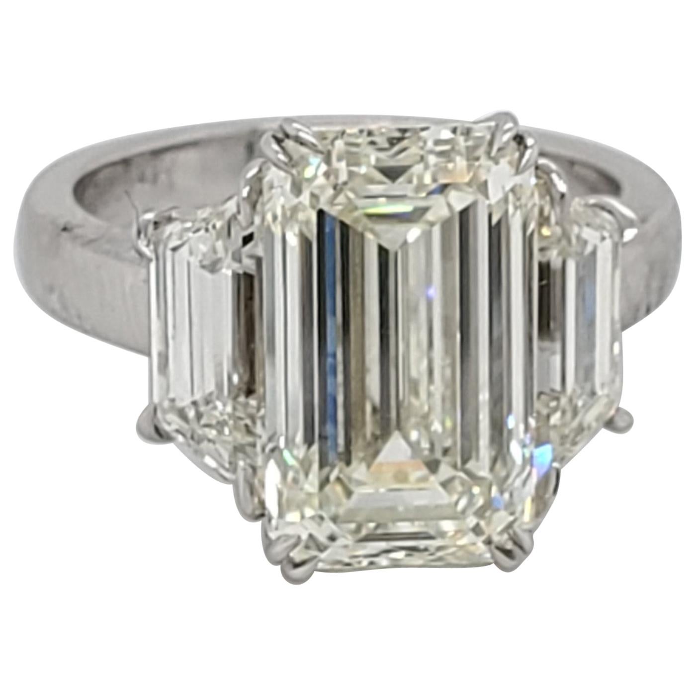 GIA Certified 5 Carat Emerald Diamond, 6.50 Carat 3-Stone Platinum Diamond Ring