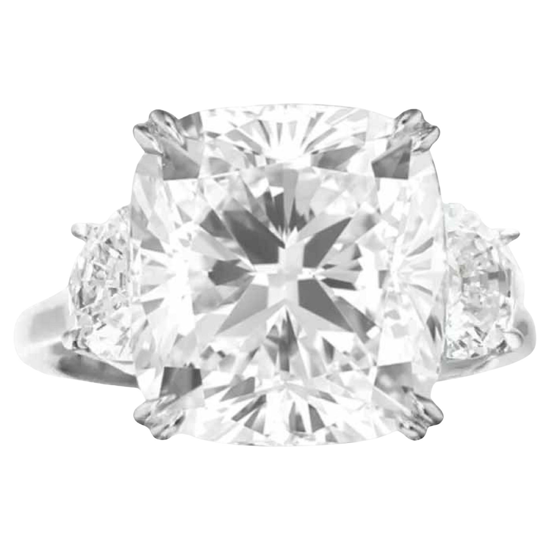 GIA Certified 5.12 Carat Cushion Cut Diamond Platinum Ring with Half Moon Diamon For Sale