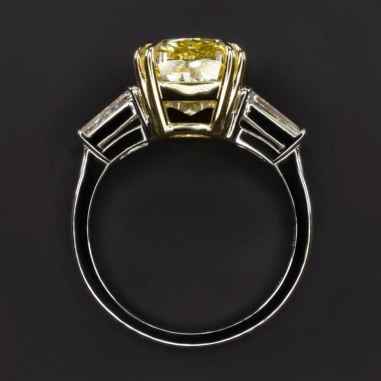 GIA Certified 5 Carat Fancy Borderline Intense Yellow Cushion Diamond Ring  For Sale at 1stDibs