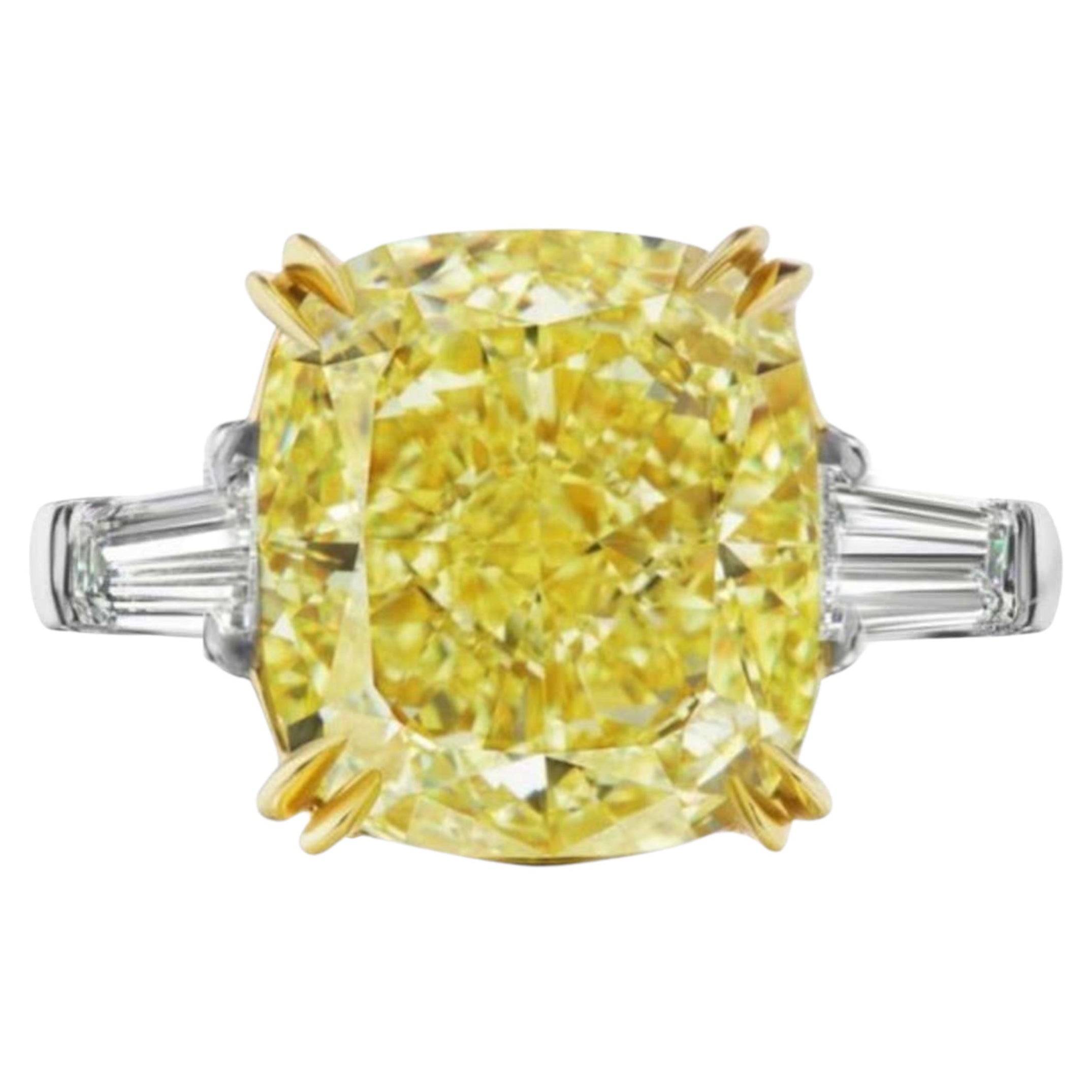 GIA Certified 5 Carat Fancy Borderline Intense Yellow Cushion Diamond Ring