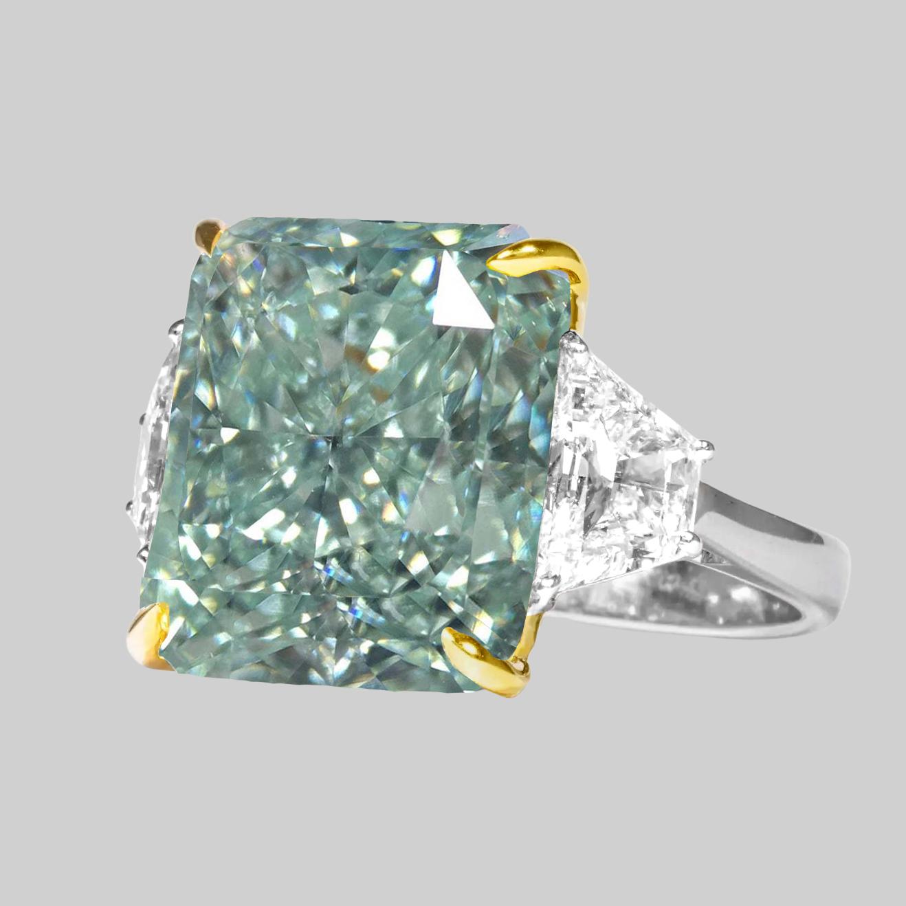 GIA Certified 5 Carat Fancy Intense Bluish Green Cushion Cut Diamond Ring
100% eye clean 
investment grade diamond