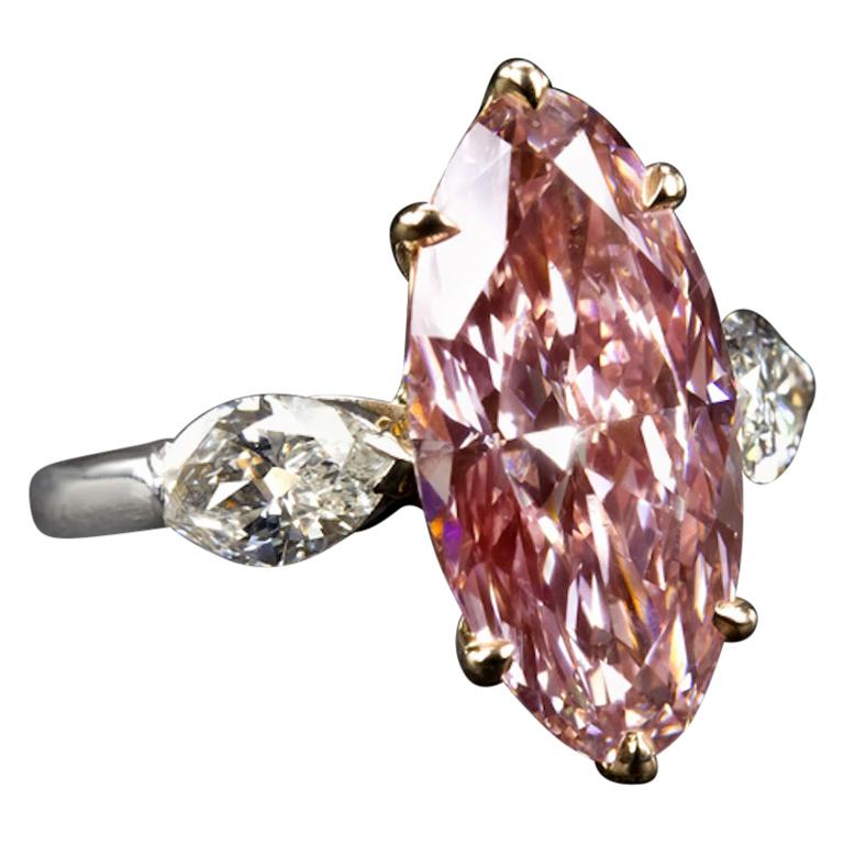 GIA Certified 5 Carat Fancy Intense Pink Diamond Marquise Cut Platinum Ring 6ct