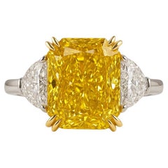 GIA Certified 5 Carat Fancy Intense Yellow Diamond Platinum and Yellow Gold Ring