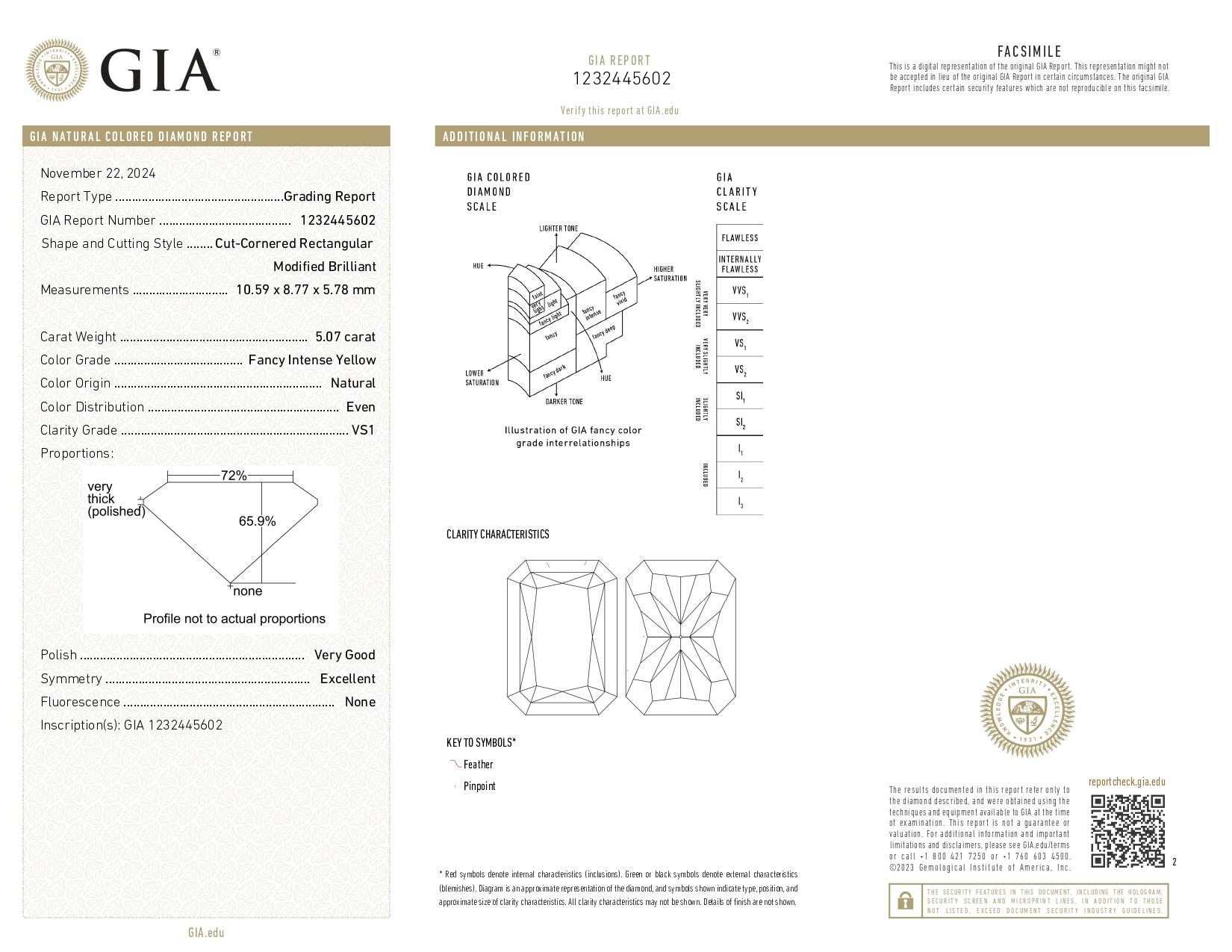 Women's or Men's GIA Certified 5.07 Carat Radiant Cut Fancy Intense Yellow Diamond Ring For Sale