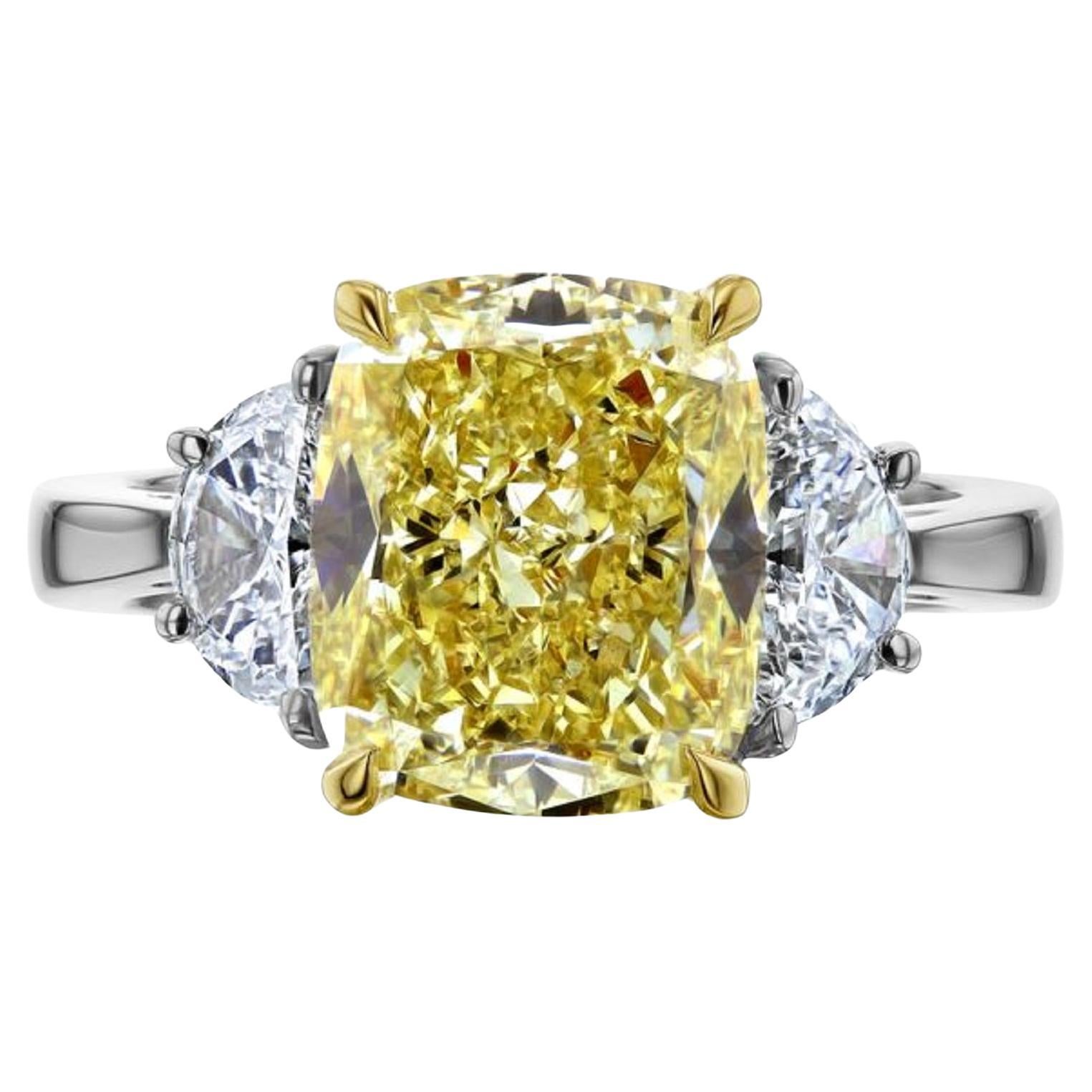 GIA Certified 5 Carat Fancy Yellow Cushion Cut Diamond Ring
