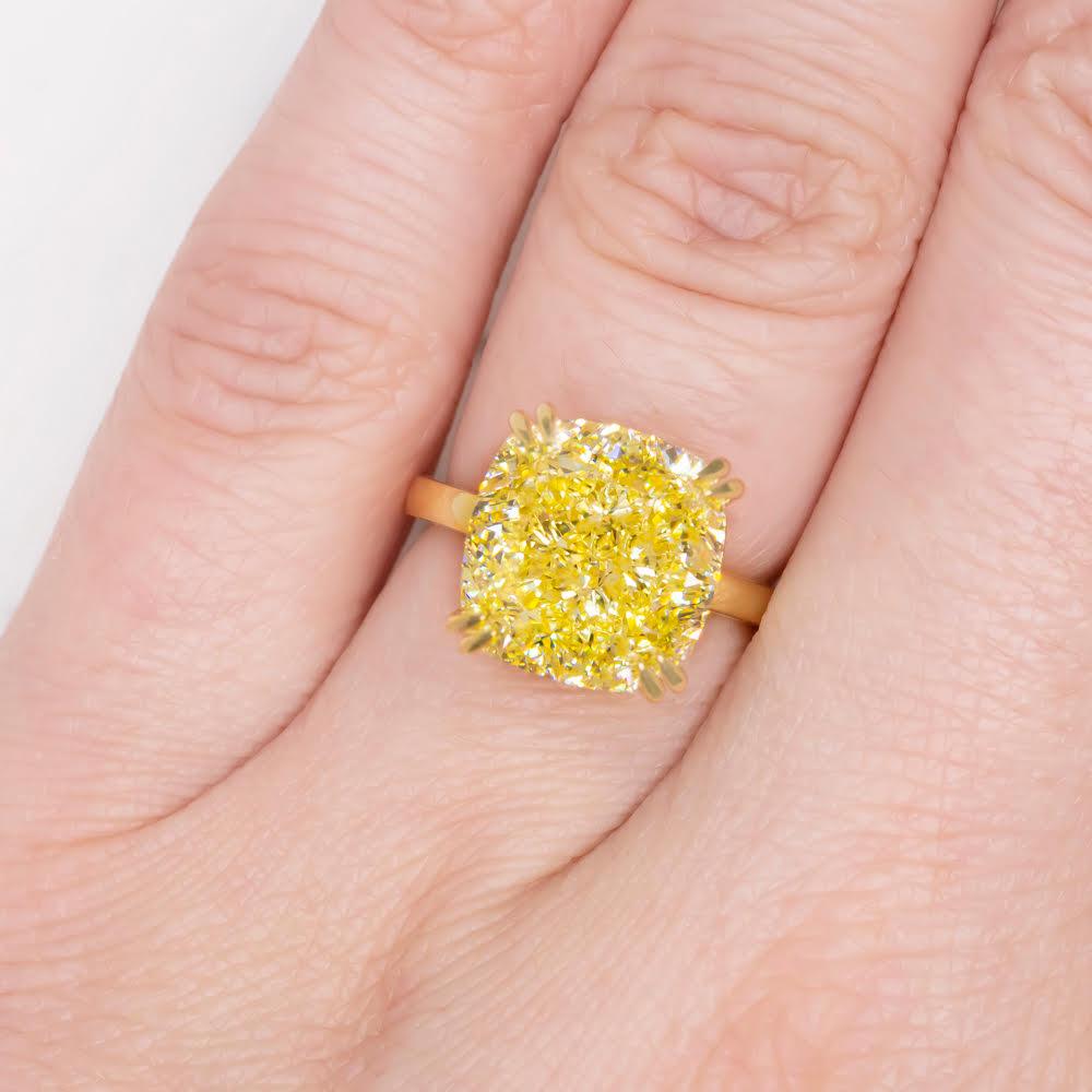 Cushion Cut GIA Certified 5.01 Carat Cushion Fancy Intense Yellow Diamond Solitaire Ring For Sale
