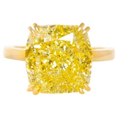 GIA Certified 5.01 Carat Cushion Fancy Intense Yellow Diamond Solitaire Ring