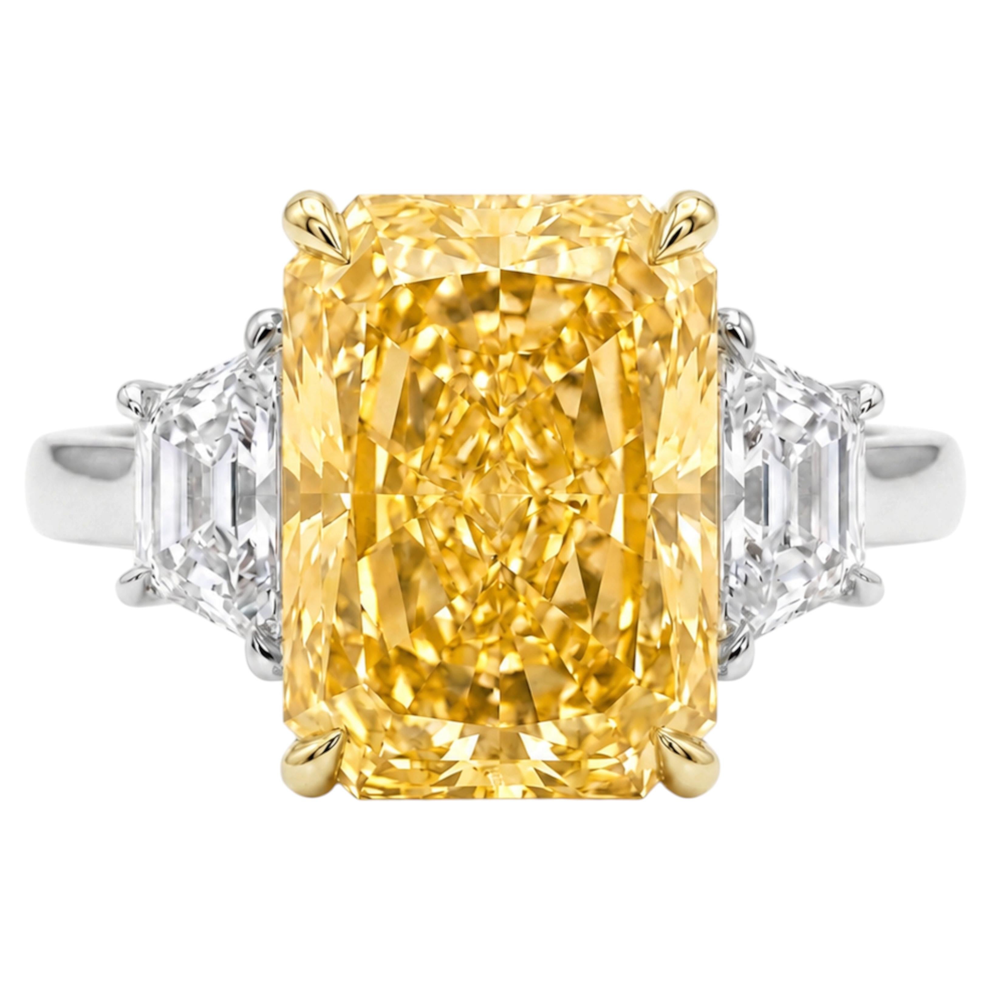 GIA Certified 5 Carat Fancy Yellow Diamond Three-Stone Ring