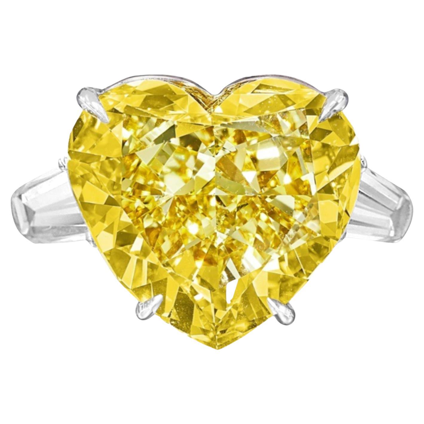 GIA Certified 5 Carat Fancy Yellow Heart Cut Platinum Ring