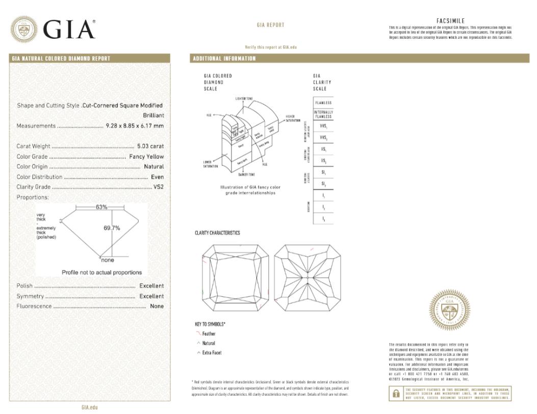 Women's or Men's GIA Certified 5 Carat Fancy Yellow Radiant Cut Diamond Ring VS2 For Sale