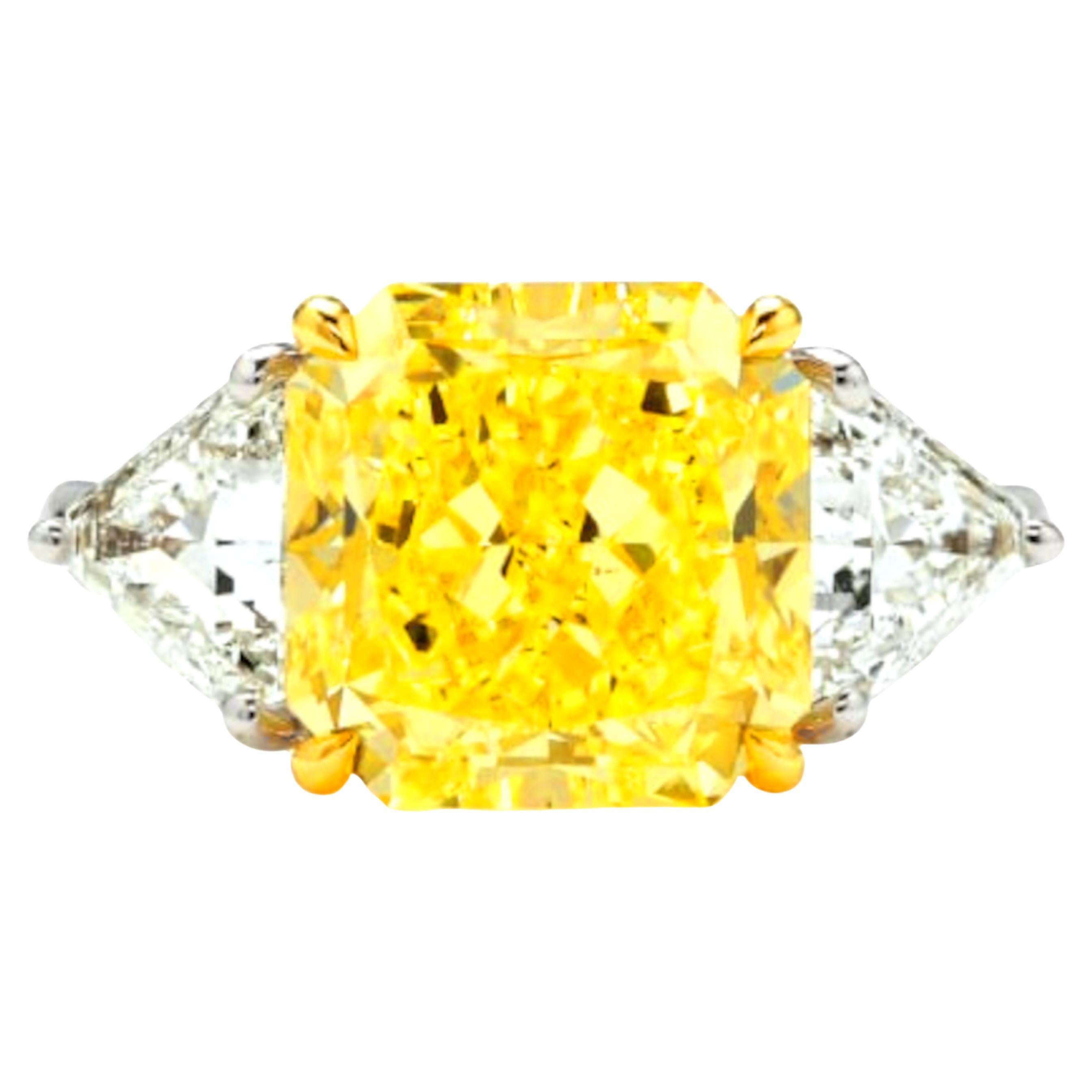 GIA Certified 5 Carat Fancy Yellow Radiant Cut Diamond Ring VS2