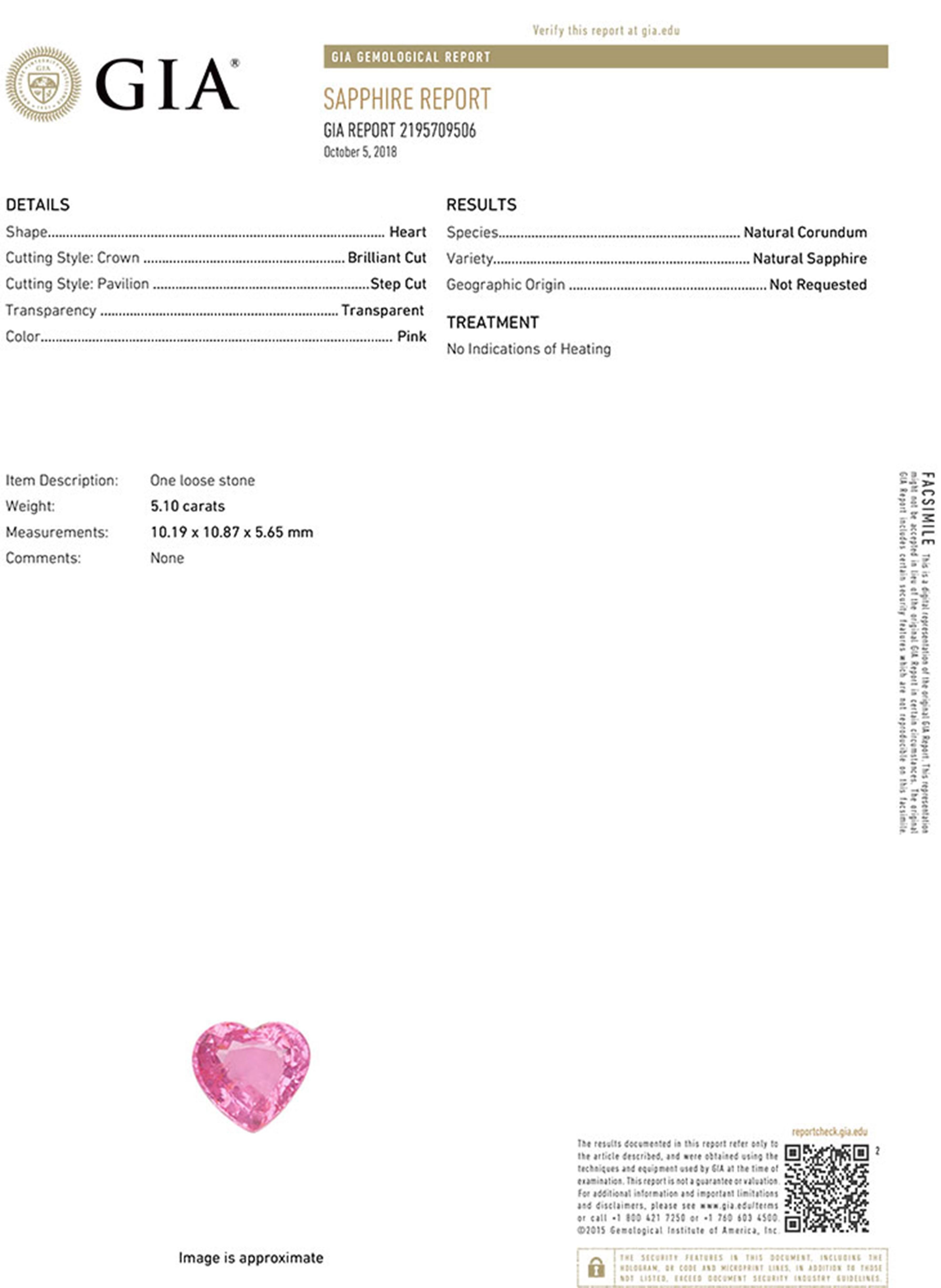 Taille cœur Collier pendentif en forme de cœur en saphir rose non traité de 5 carats certifié GIA en vente