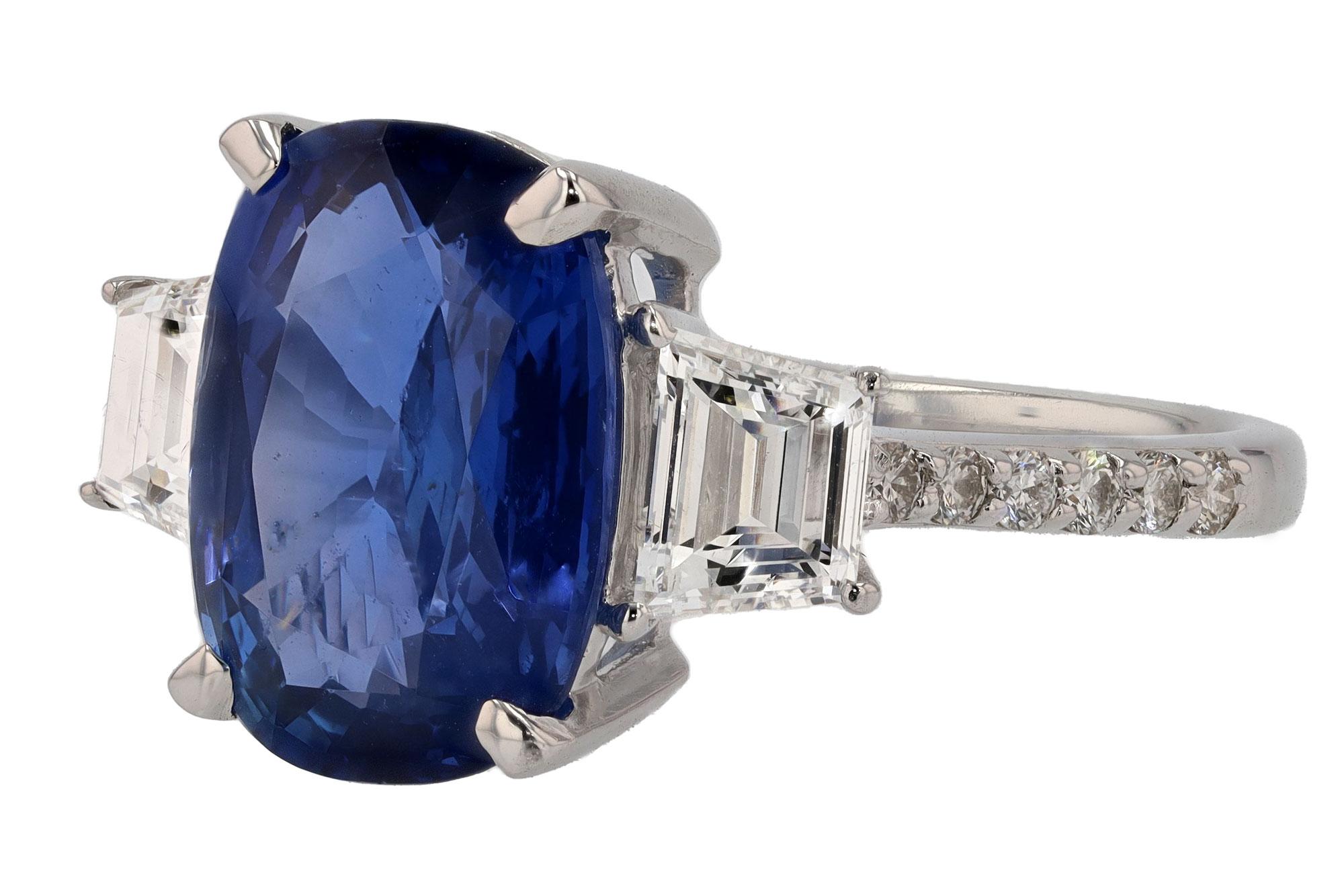 One of the most beautifully hued sapphires to grace an engagement ring. The luxurious and velvety open blue color is 100% natural with no heat treatment along with Burma as the origin of this magnificent, rare 5 carat gem. Along with a certified