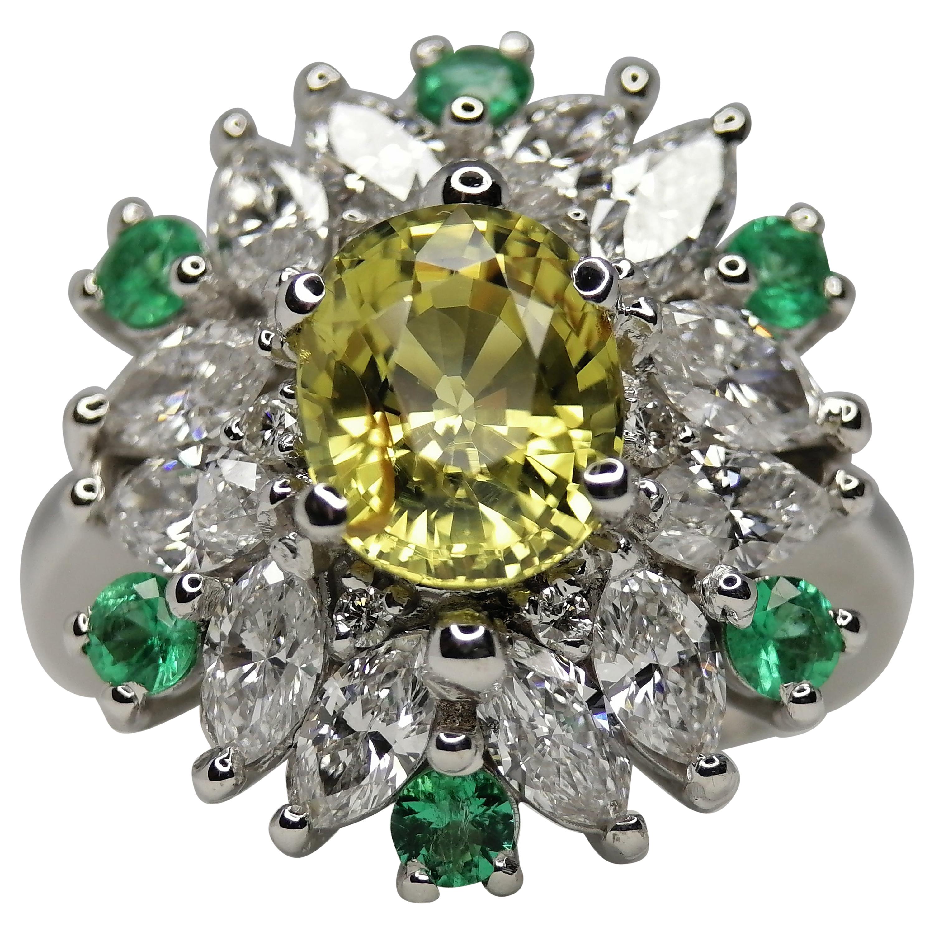 GIA Certified No Heat Yellow Oval Sapphire Marquise Diamond Emerald Ring