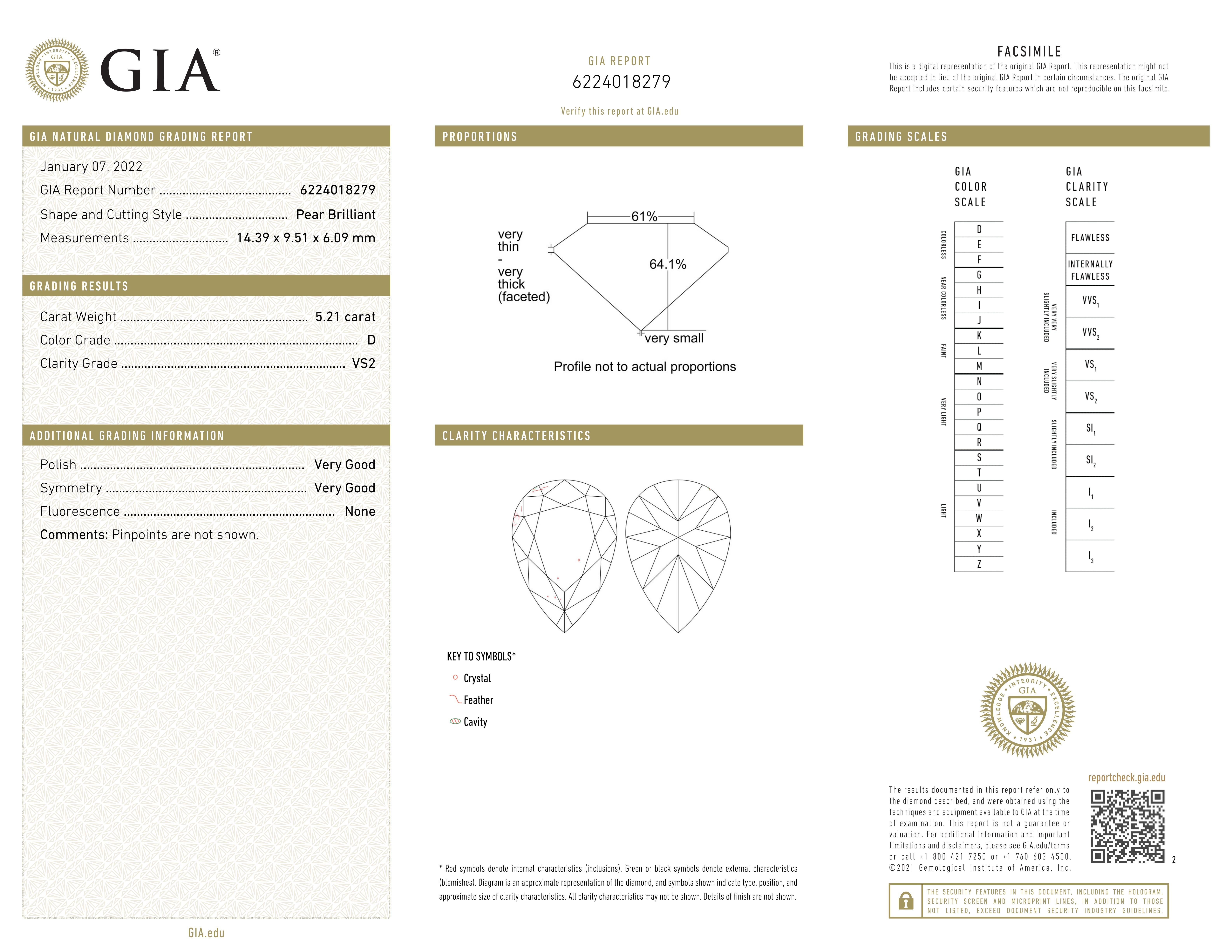 GIA Certified 5 Carat Pear Cut Diamond D Color VS2 Clarity in 18K White Gold In New Condition For Sale In Chicago, IL