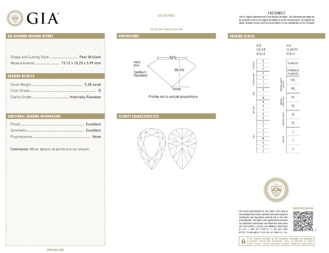 Anillo de compromiso de diamantes con certificado GIA de 5 quilates, color pera D, sin defectos internos Corte pera en venta
