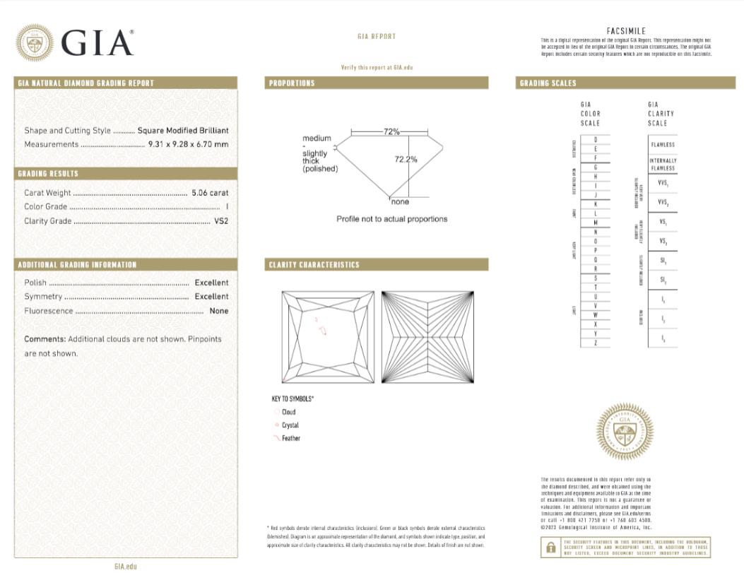This exquisite three-stone engagement ring showcases a stunning GIA-certified 5.06 carat square princess cut diamond, set in a refined platinum or 18K white gold mounting. The center diamond boasts an I color and VS2 clarity, with excellent polish